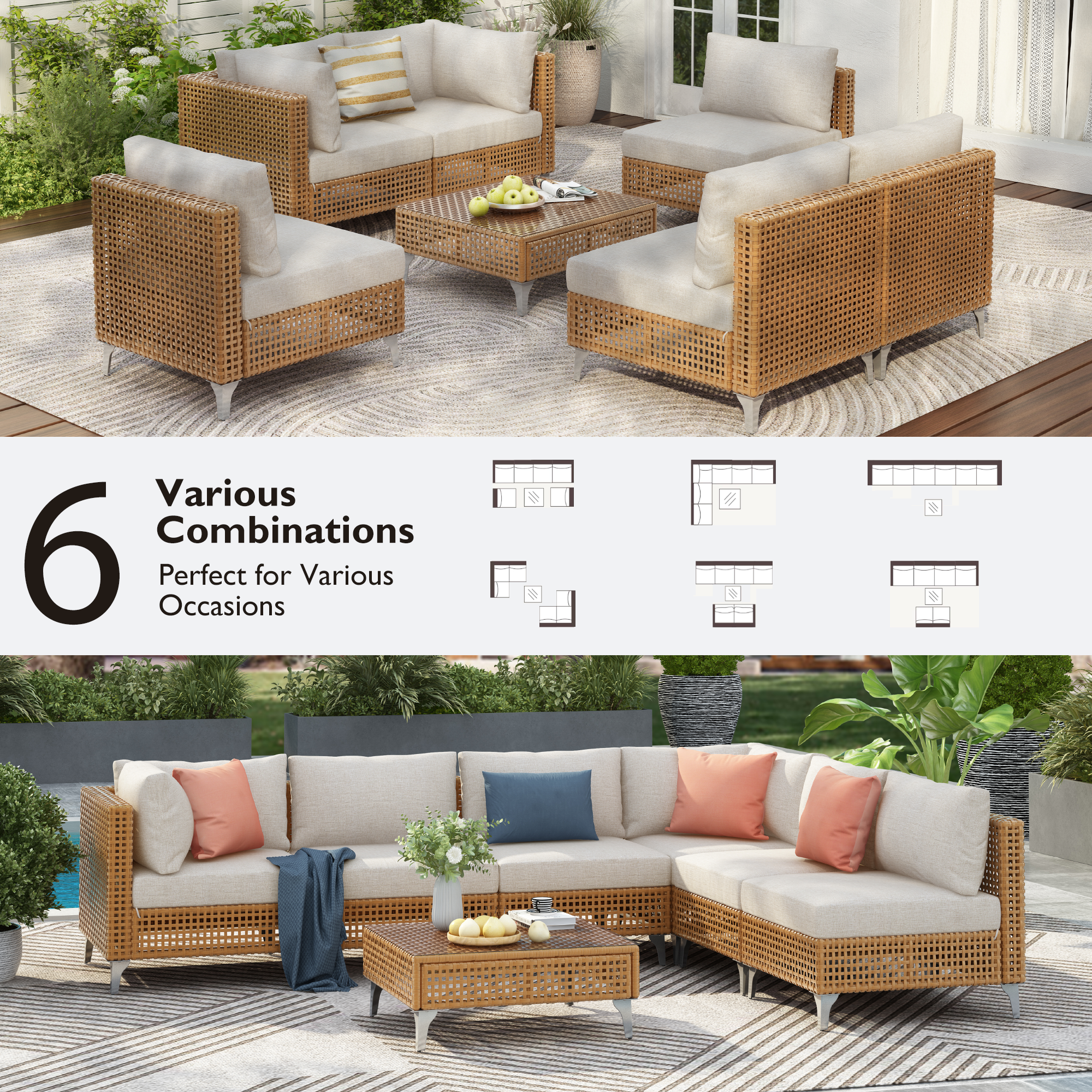 7-Piece Outdoor Wicker Sectional Sofa with Water Resistant Cushions and Coffee Table