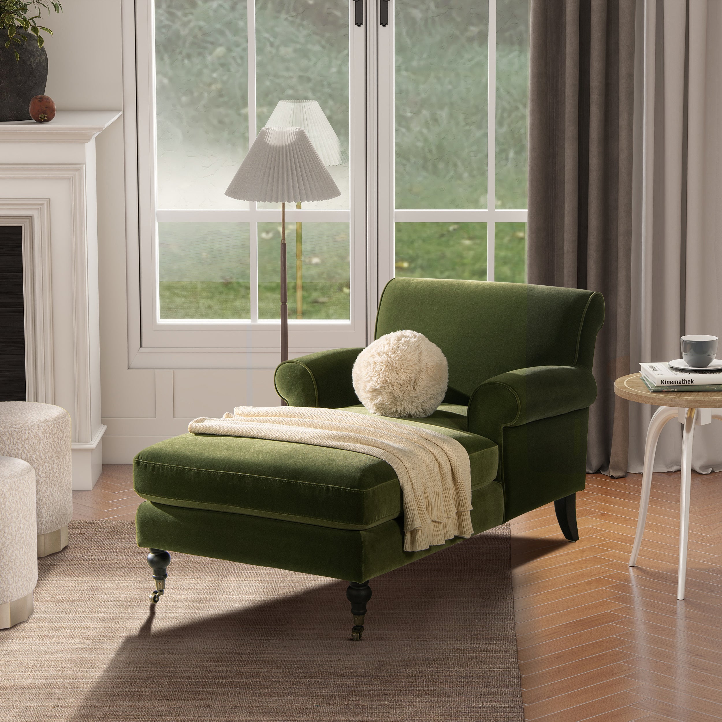 Velvet Chaise Lounge with Metal Caster and Rolled Arms