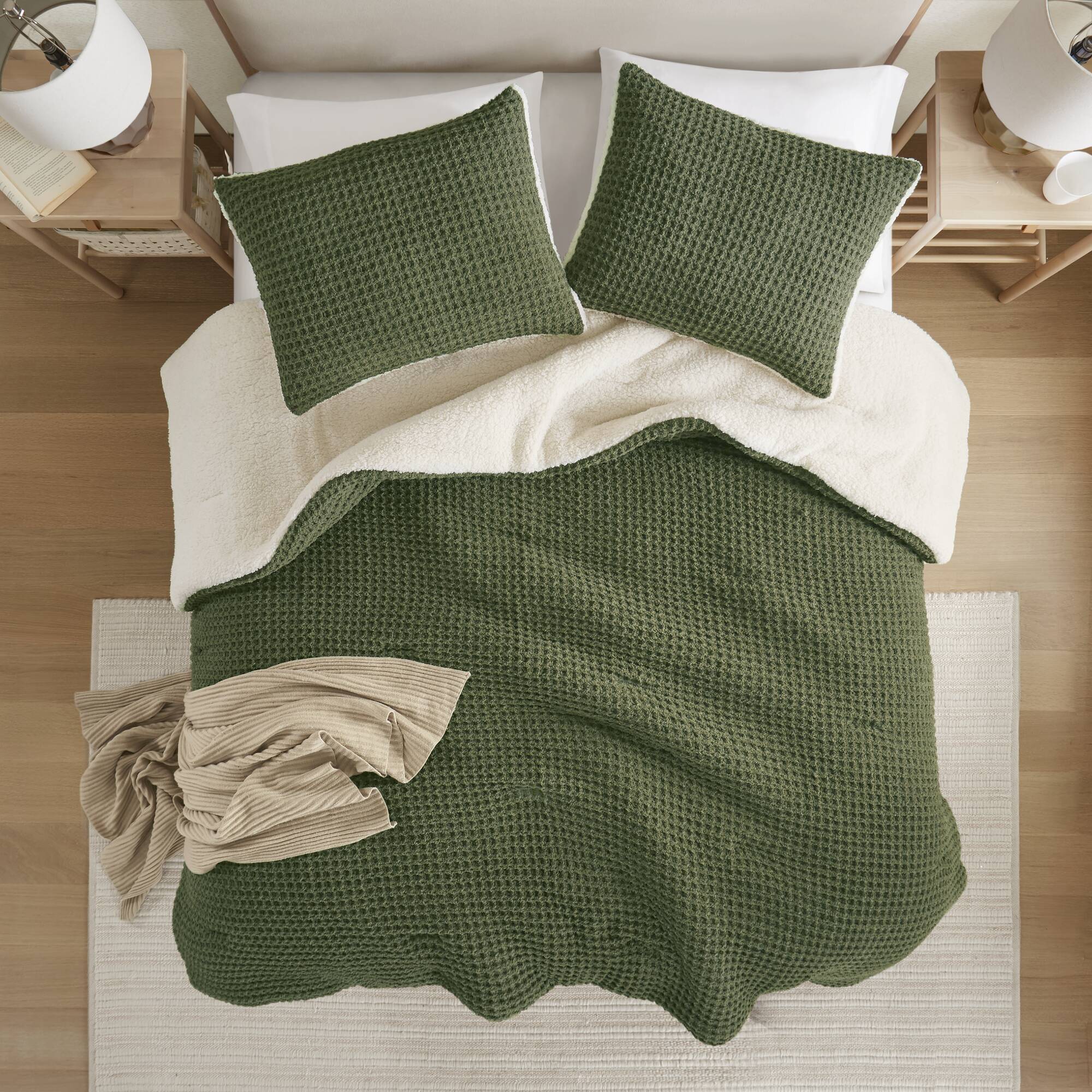 2 Piece Olive Waffle Knit Chenille Comforter Set
