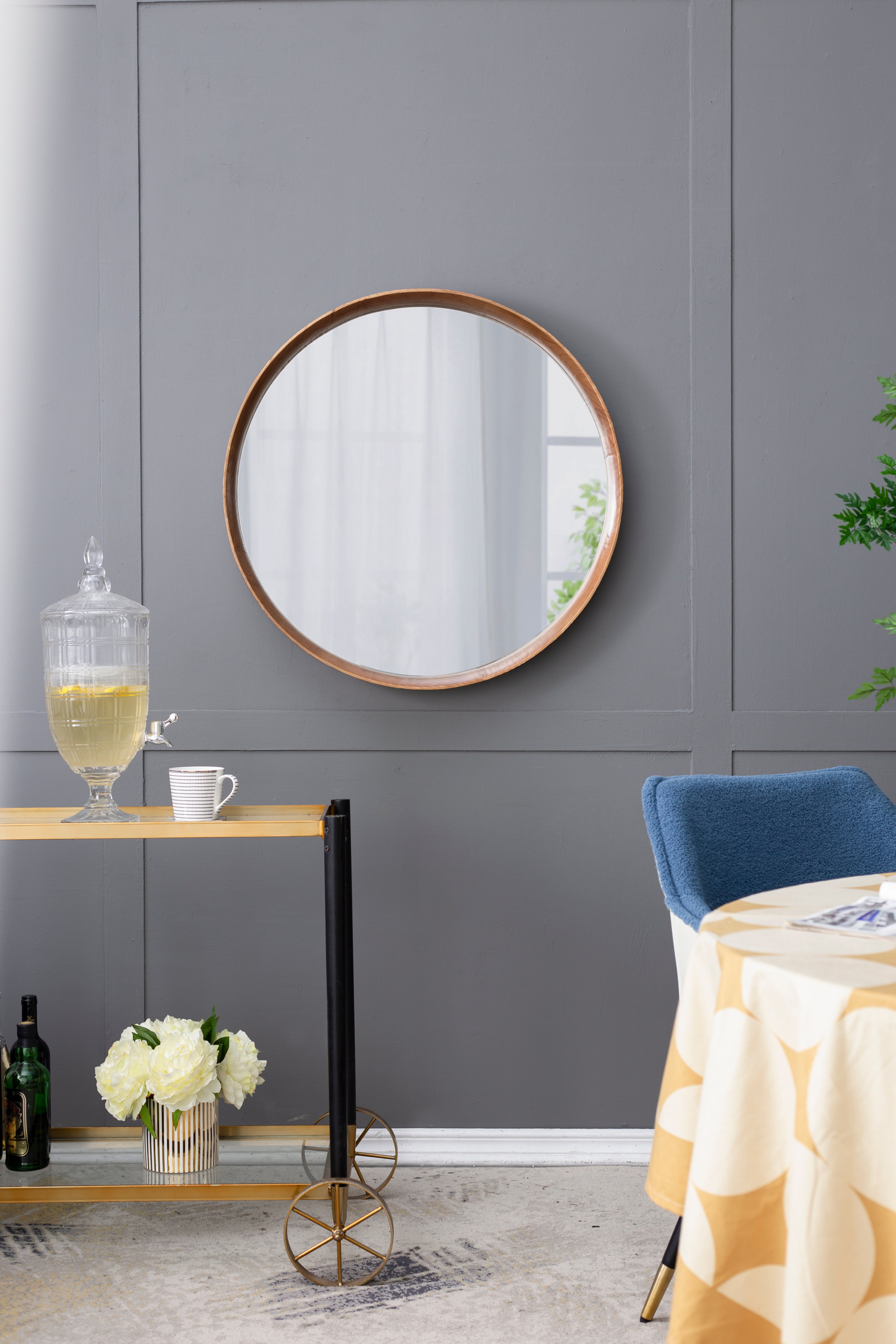Wall Mounted Mirror with Round Shape and Wooden Frame