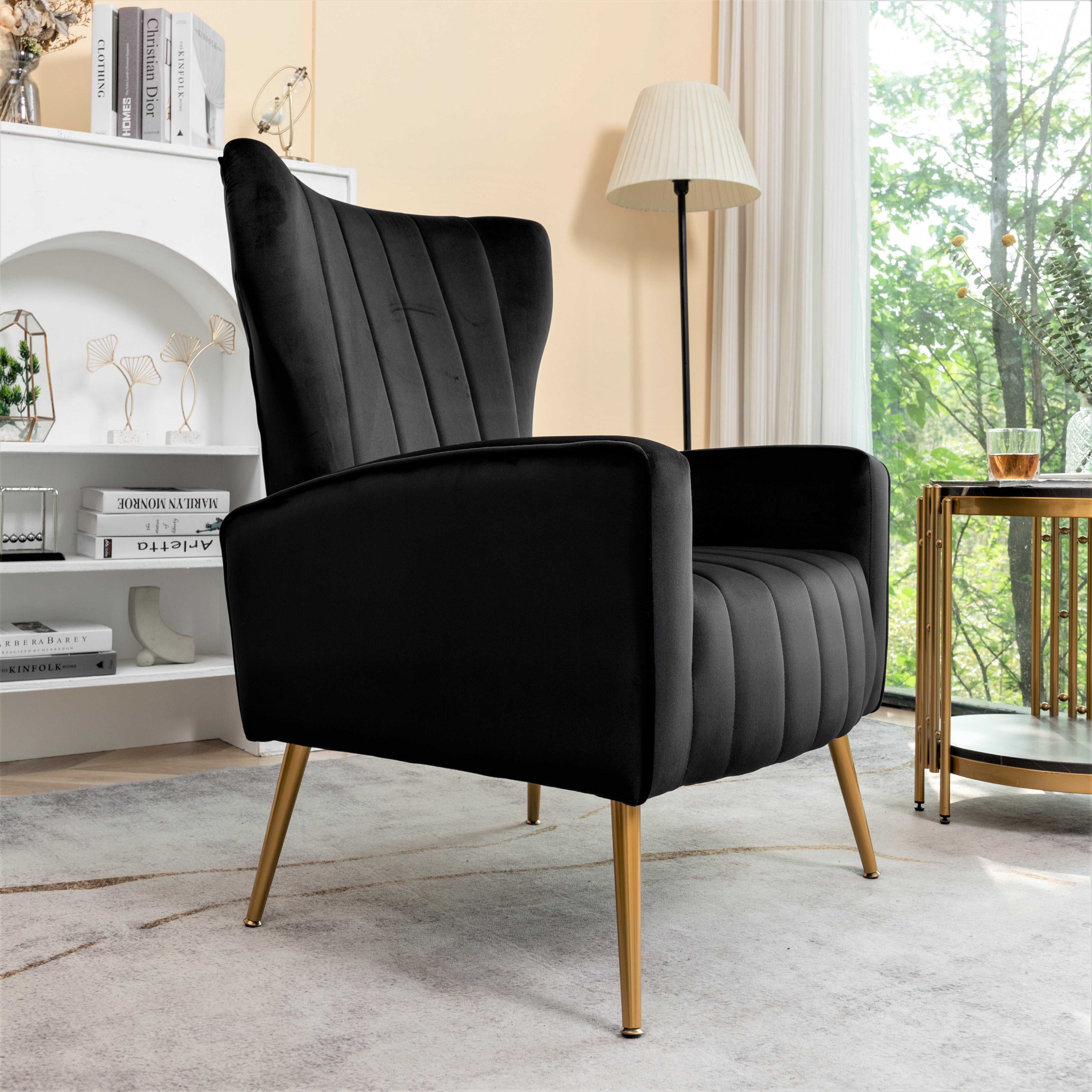 Velvet Accent Chair with Metal Legs, Modern Upholstered Armchair, Wingback Side Chair for Living Room Bedroom Small Spaces