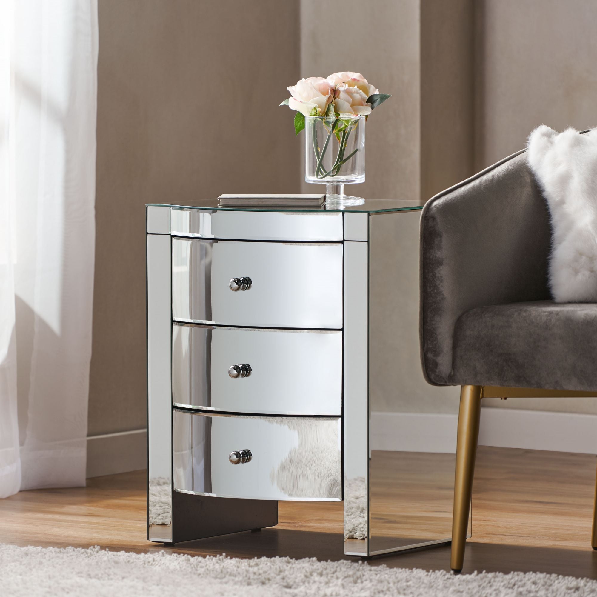 3-Drawer Side Table with H-Shape Base and Metal Handle