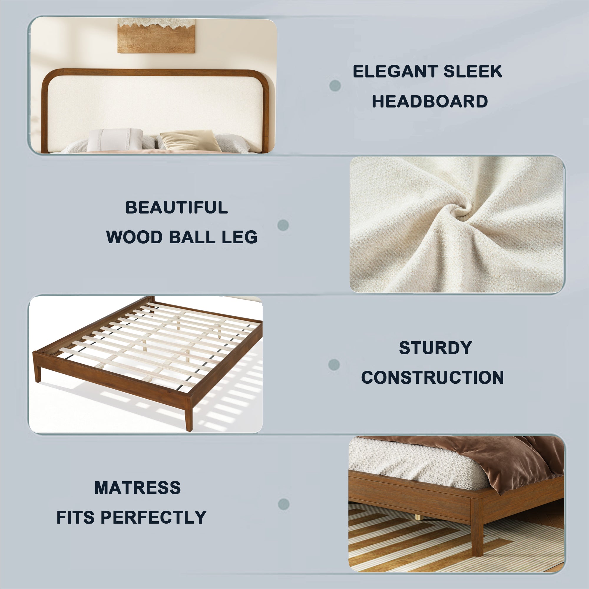Acacia Wood Bed Frame With Beige Upholstered Headboard