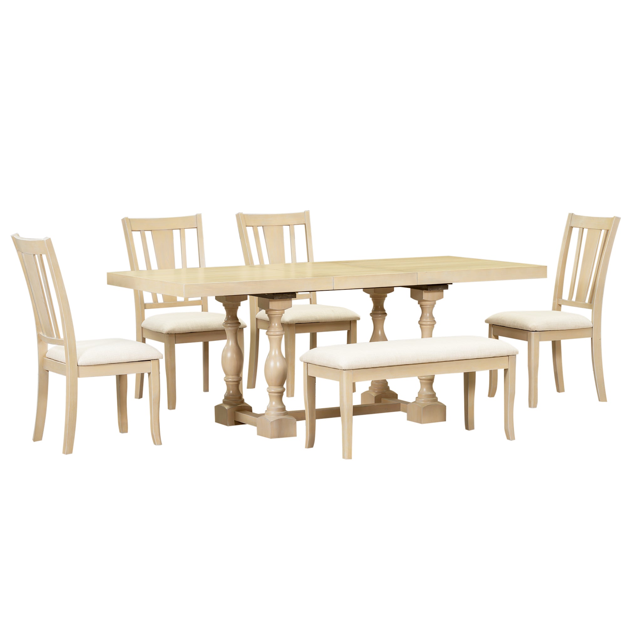 6-Piece Dining Set with Removable Leaf Table and Padded Dining Bench and 4 Chairs