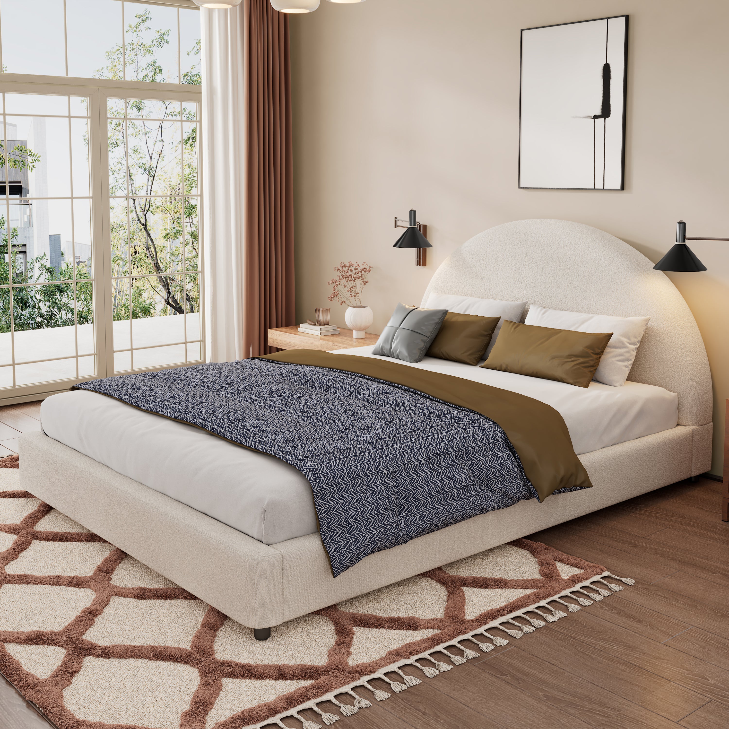 Bed Frame With Boucle Upholstered Round Curved Headboard
