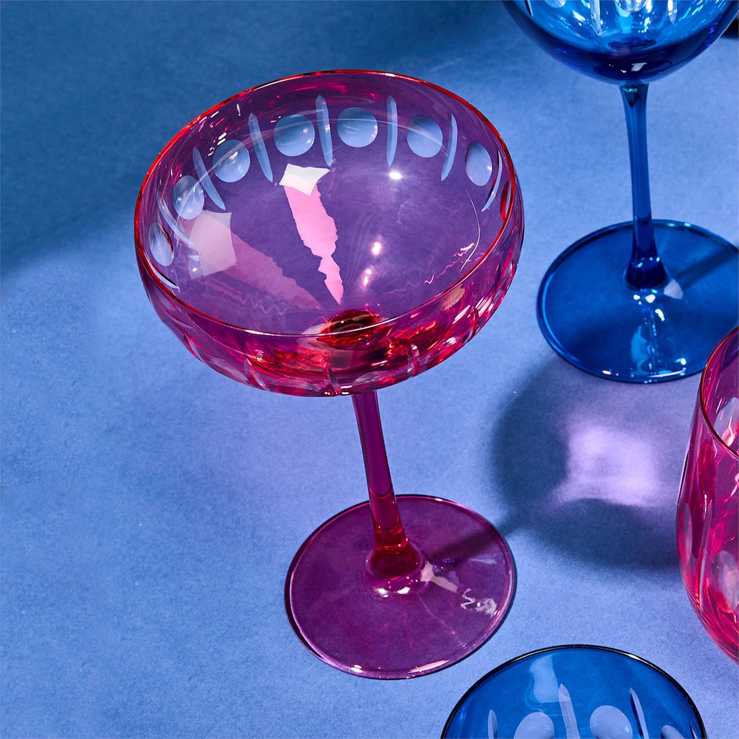 Sparkling Cut Pink Hand Engraved Coupe Wine Glasses, Set of 4