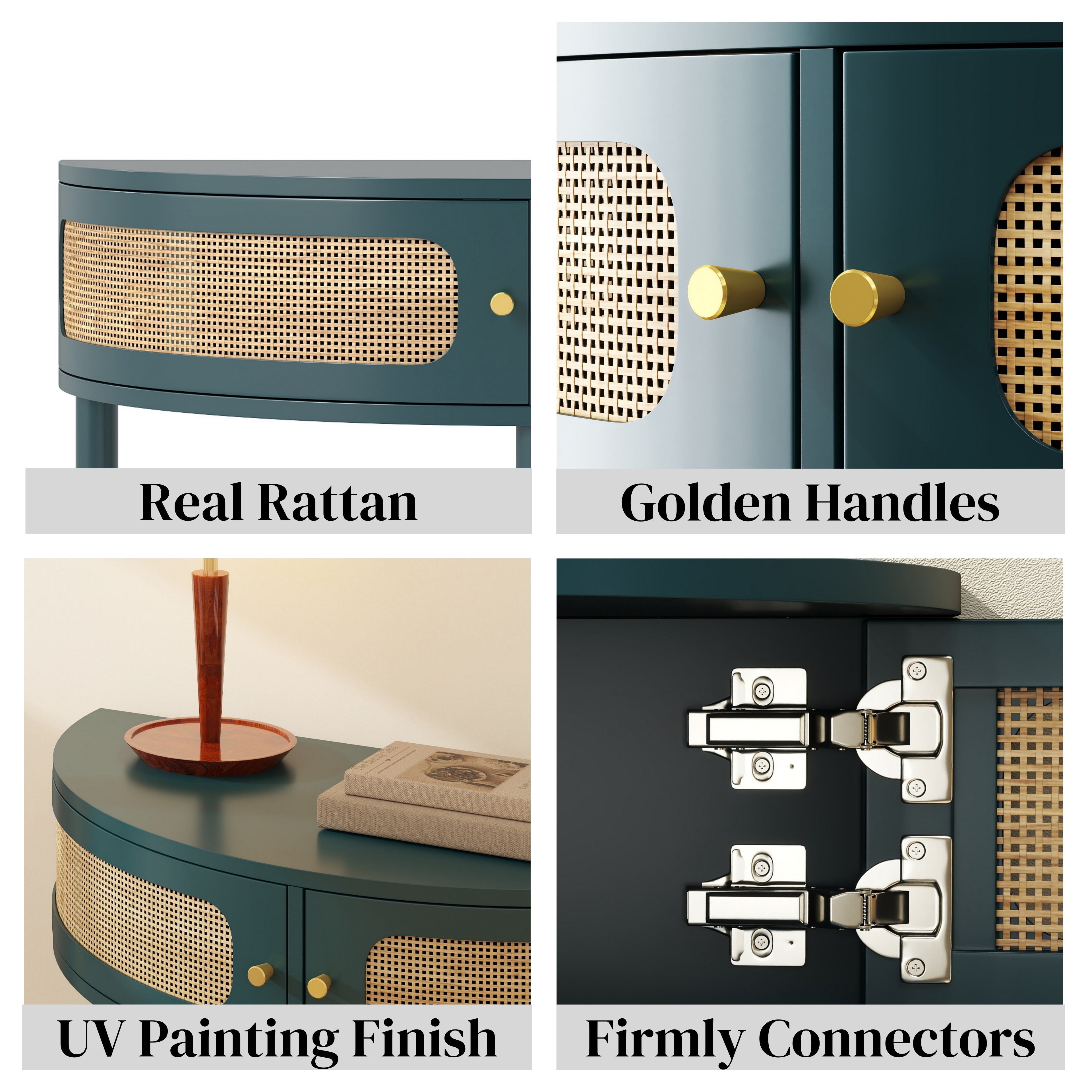 Boho Rattan Semi Circle End Table with Sliding Door