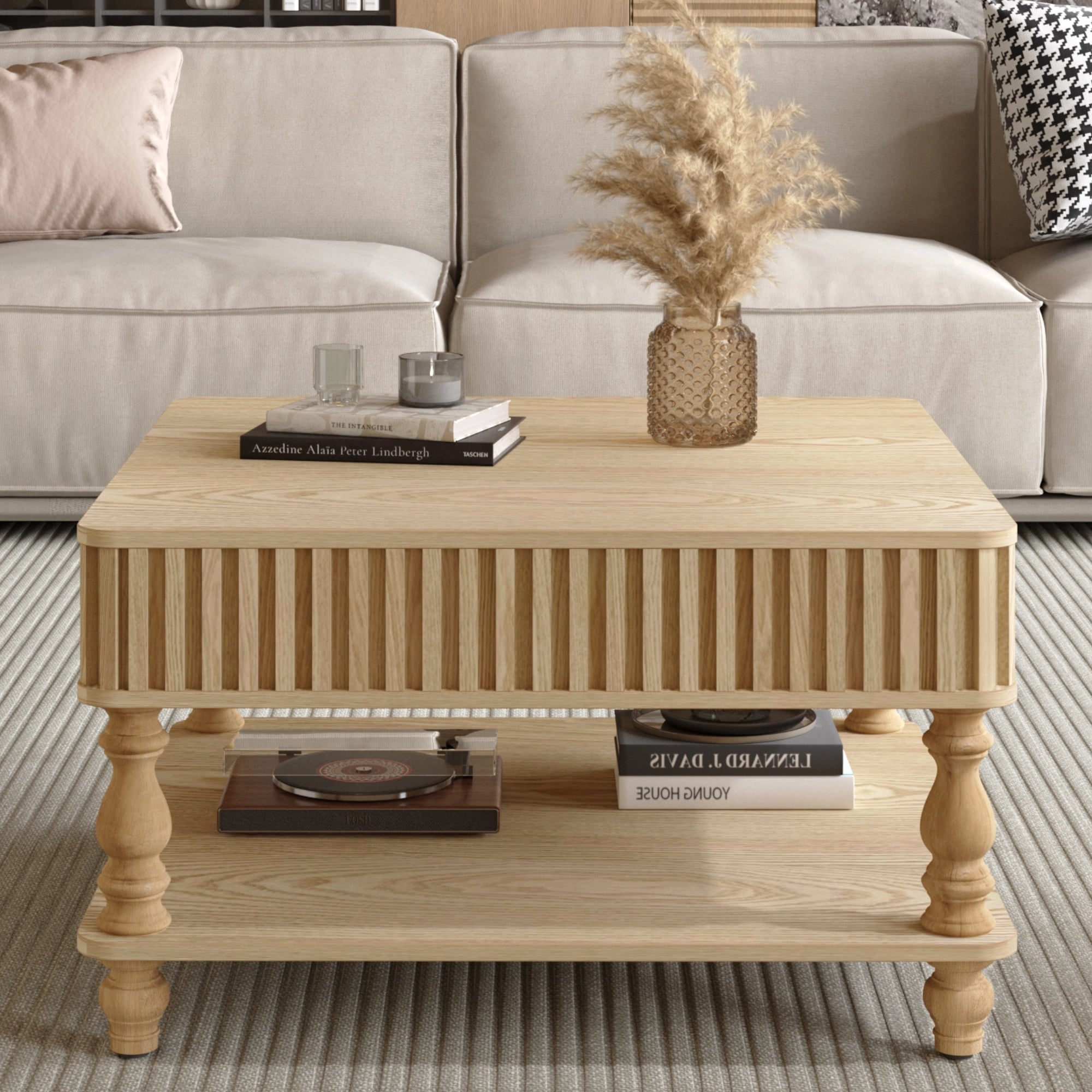 Square Fluted Lift-Top Coffee Table with Hidden & Open Storage