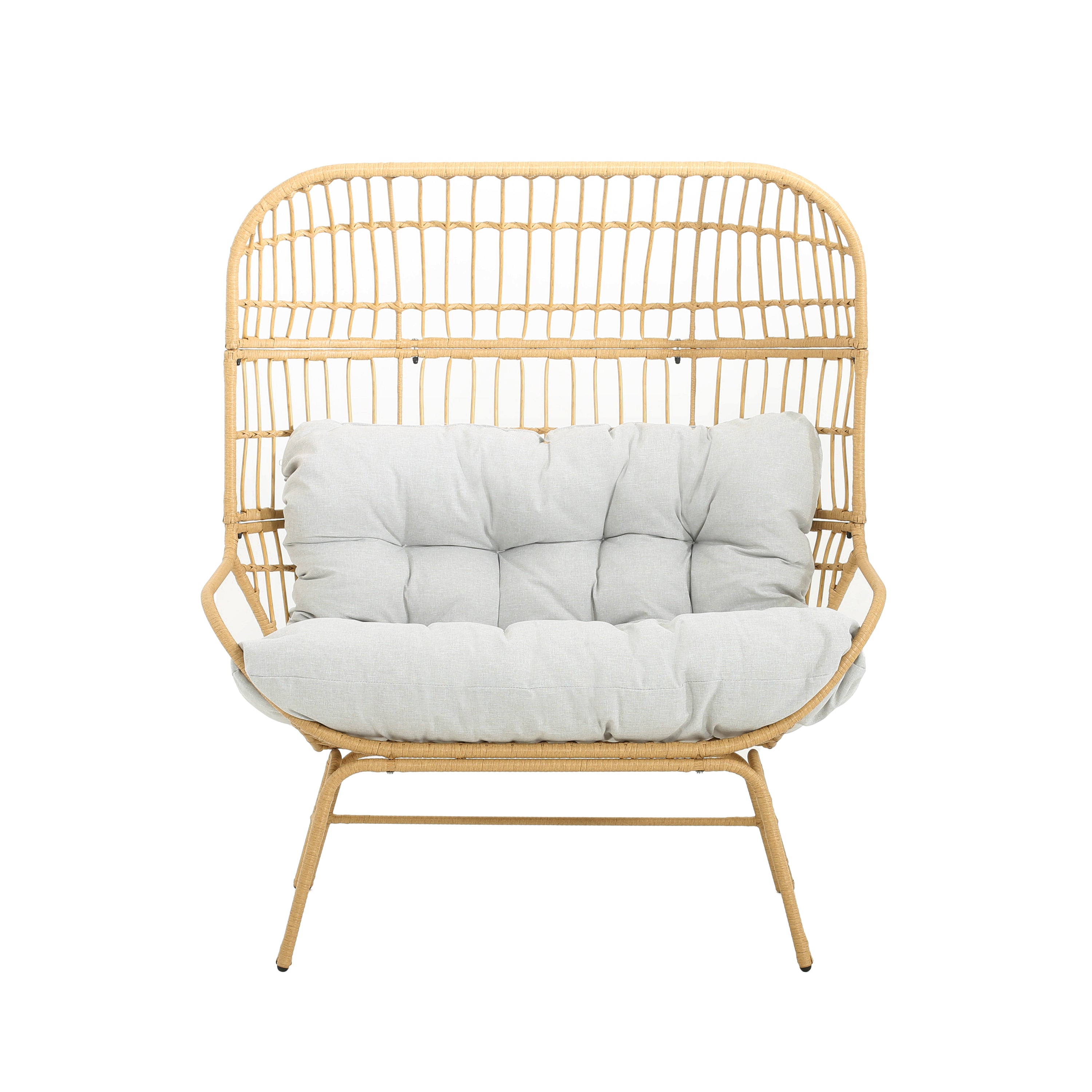Outdoor Wicker Loveseat with Iron Frame and Seat Cushion