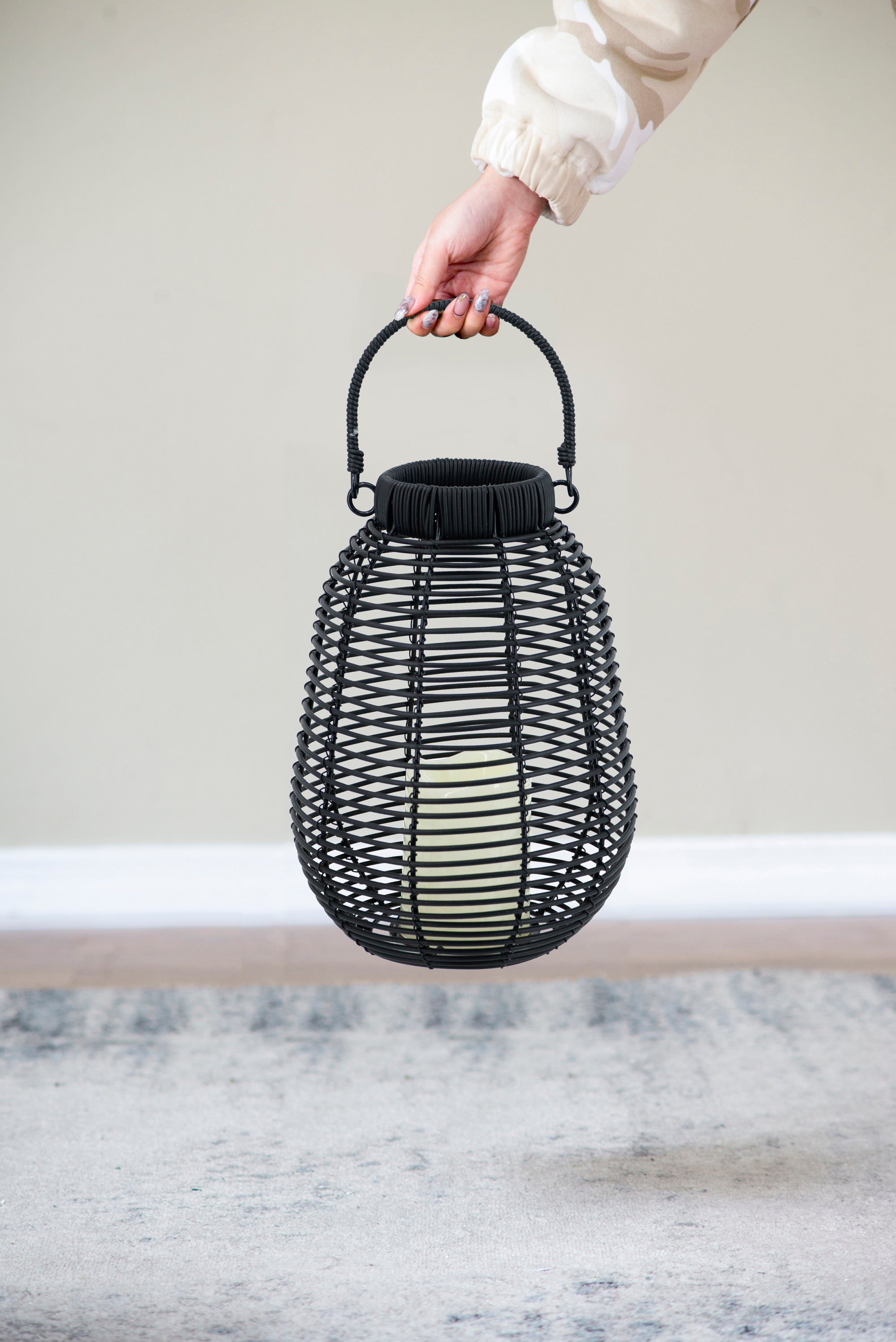 Black Poly Rattan Lantern With White LED Candle