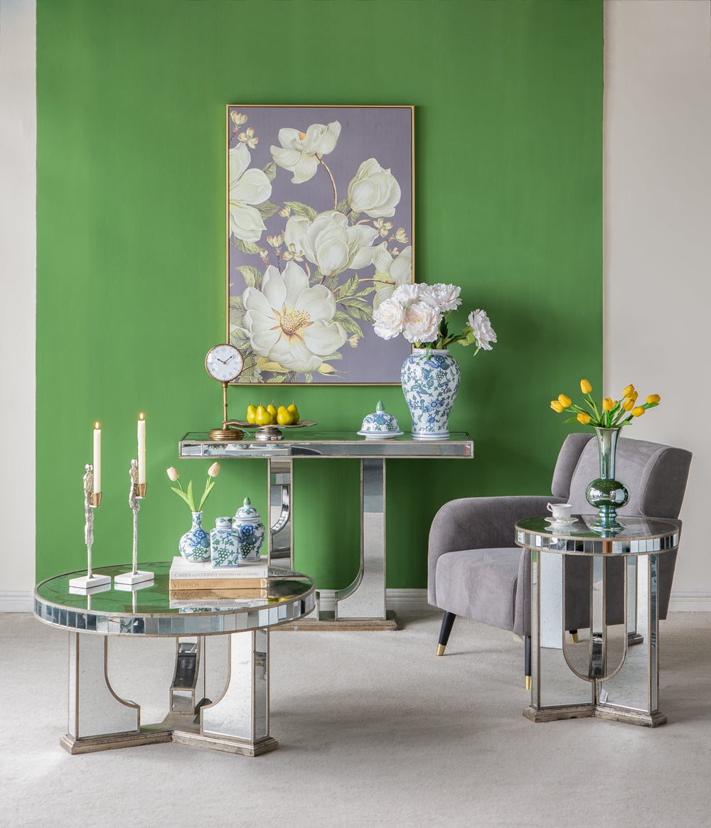 Mirrored Rectangular Dining Table with Floral Design