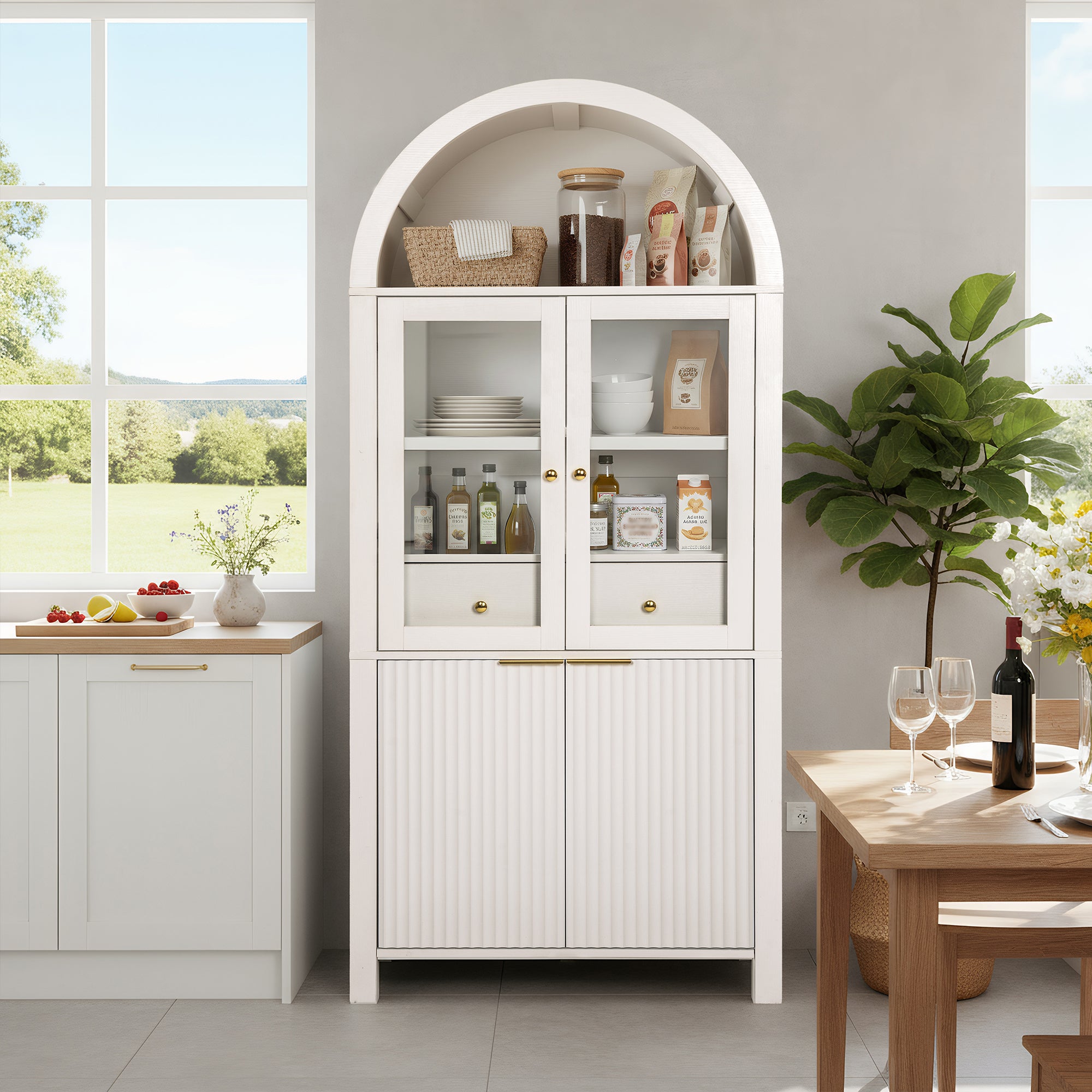 Fluted Arched Storage Cabinet with Adjustable Shelves