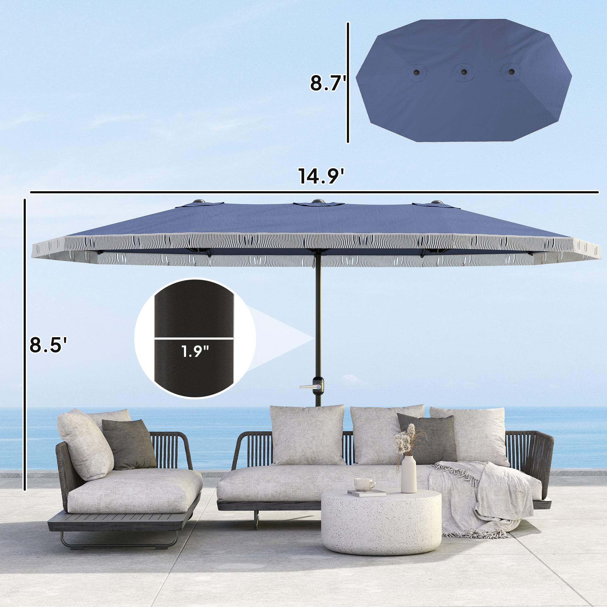 Oversized Fringe Trim Patio Umbrella with Crank Handle