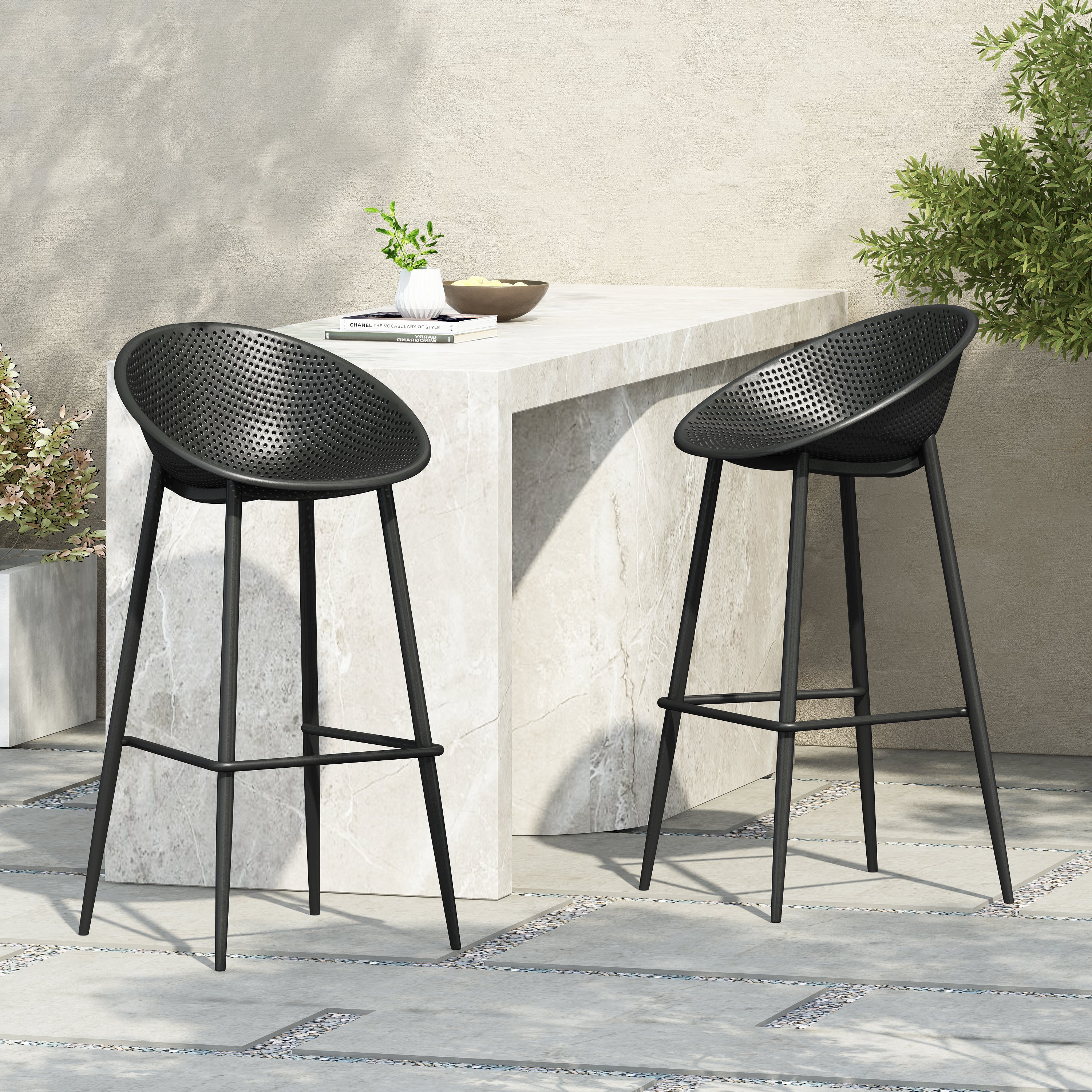 Rhodochrosite Outdoor Bar Stool with Diamond Mesh Pattern and Footrest, Set of 2
