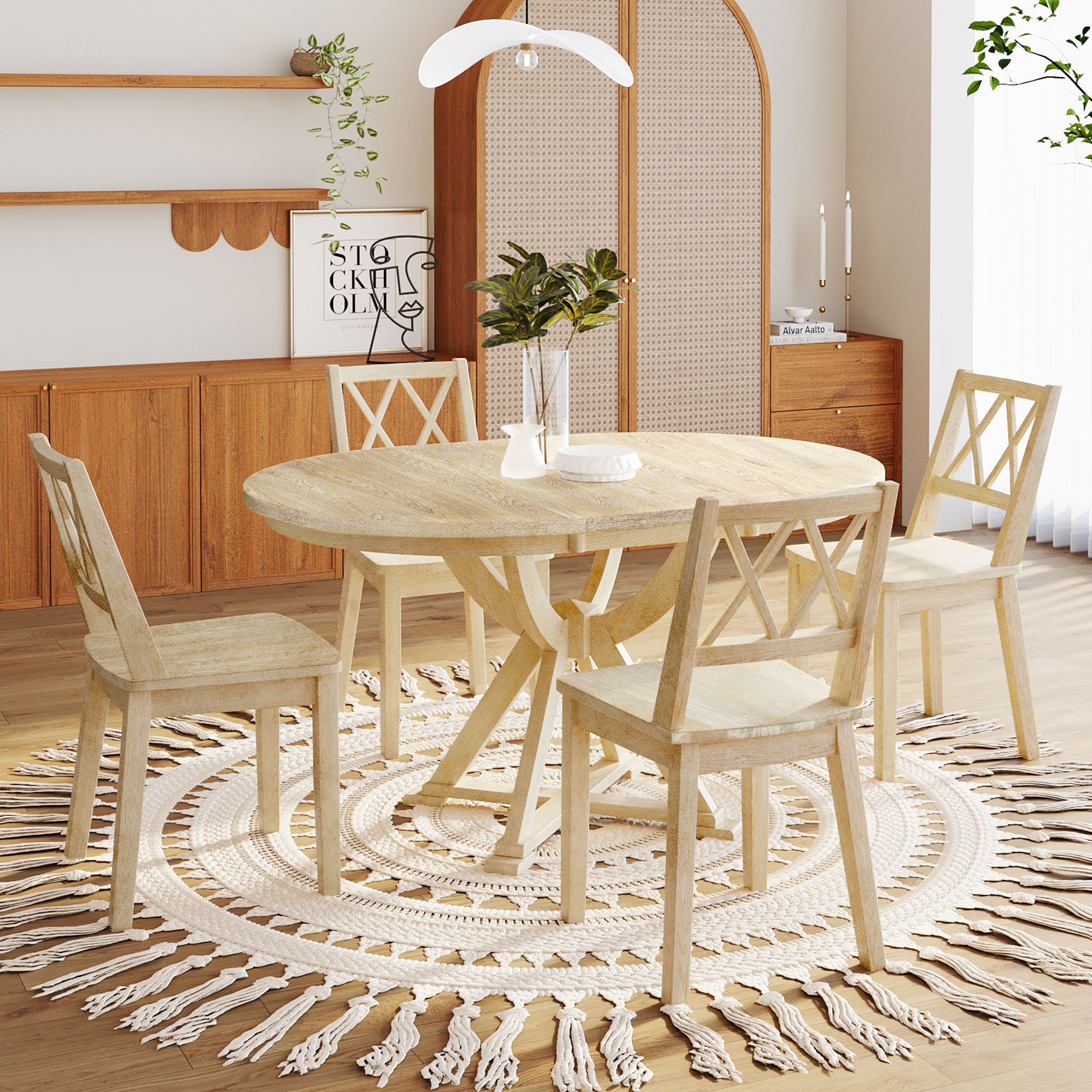 5-Piece Dining Set with Extendable Oval Table and 4 Cross Back Dining Chairs