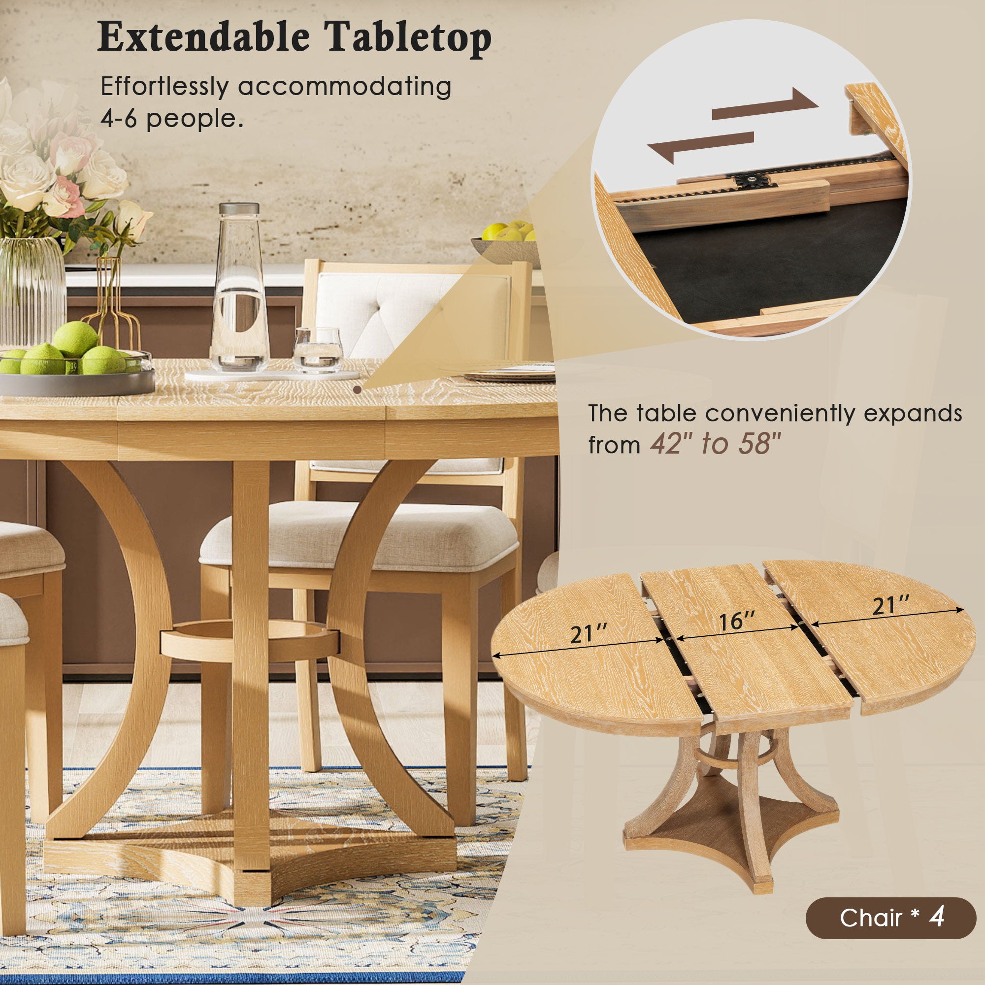 Retro Round Dining Table Set with Extendable Round Table and 4 Upholstered Chairs