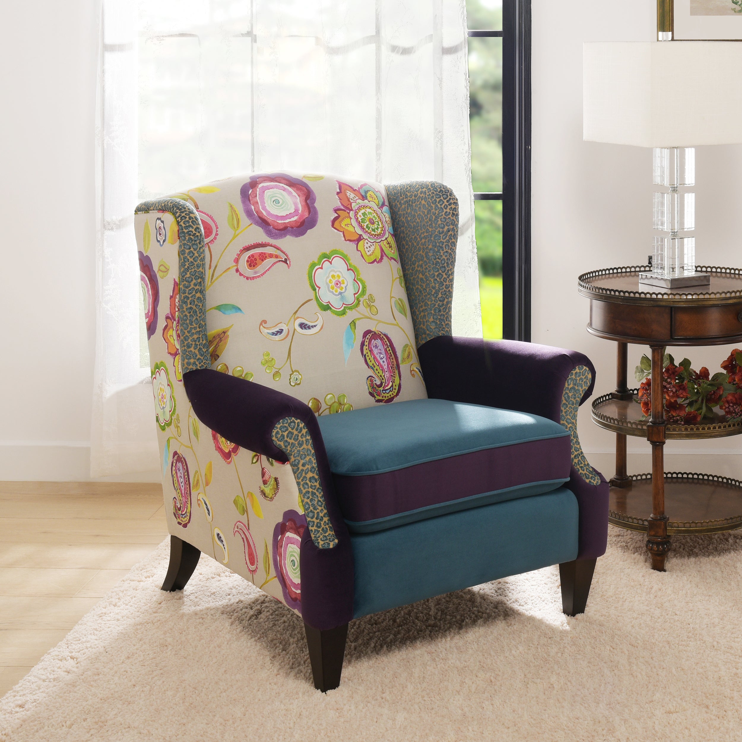 Anya Teal & Purple Boho Chic Wingback Accent Arm Chair