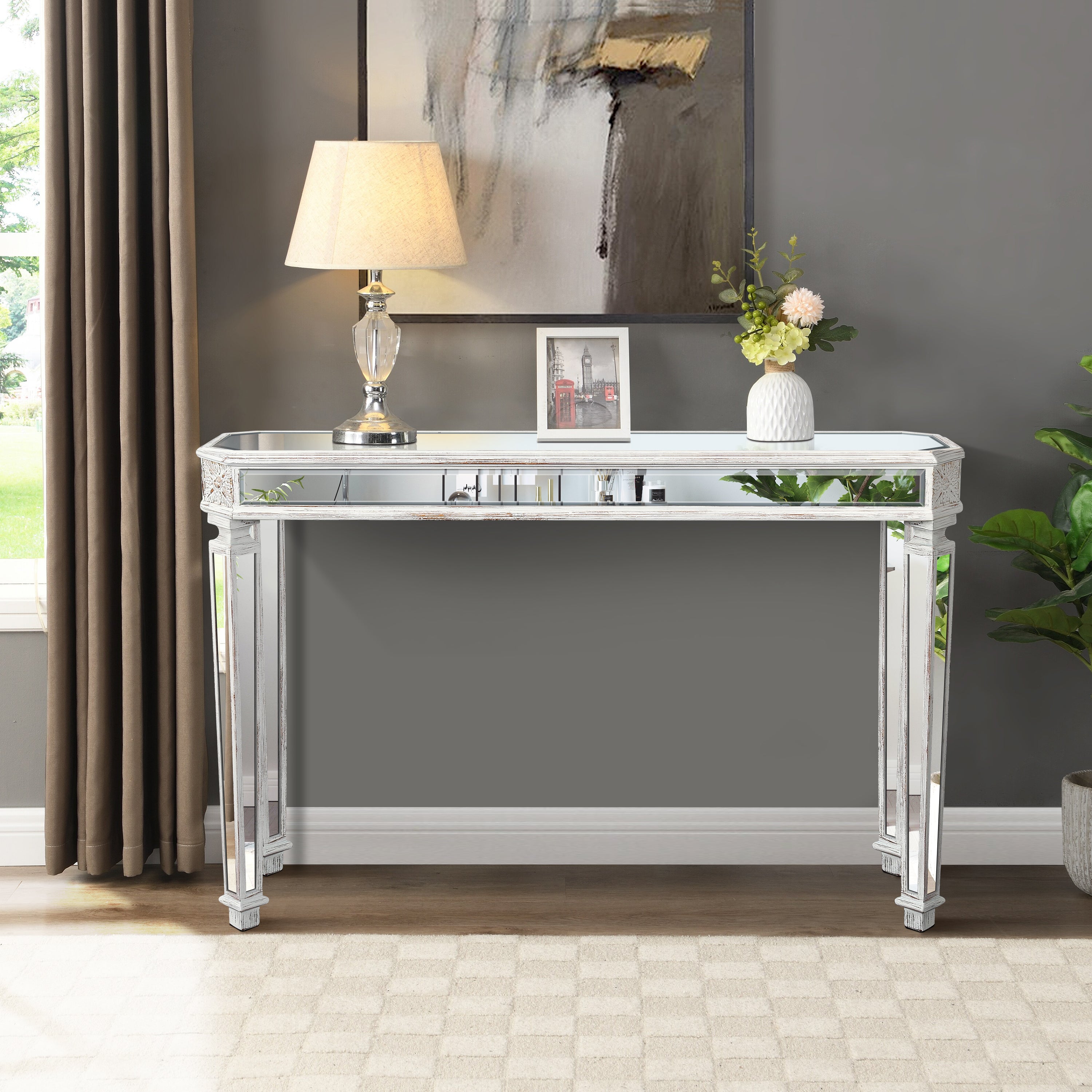 Mirror Console Table with Vintage Wood Grain Carving