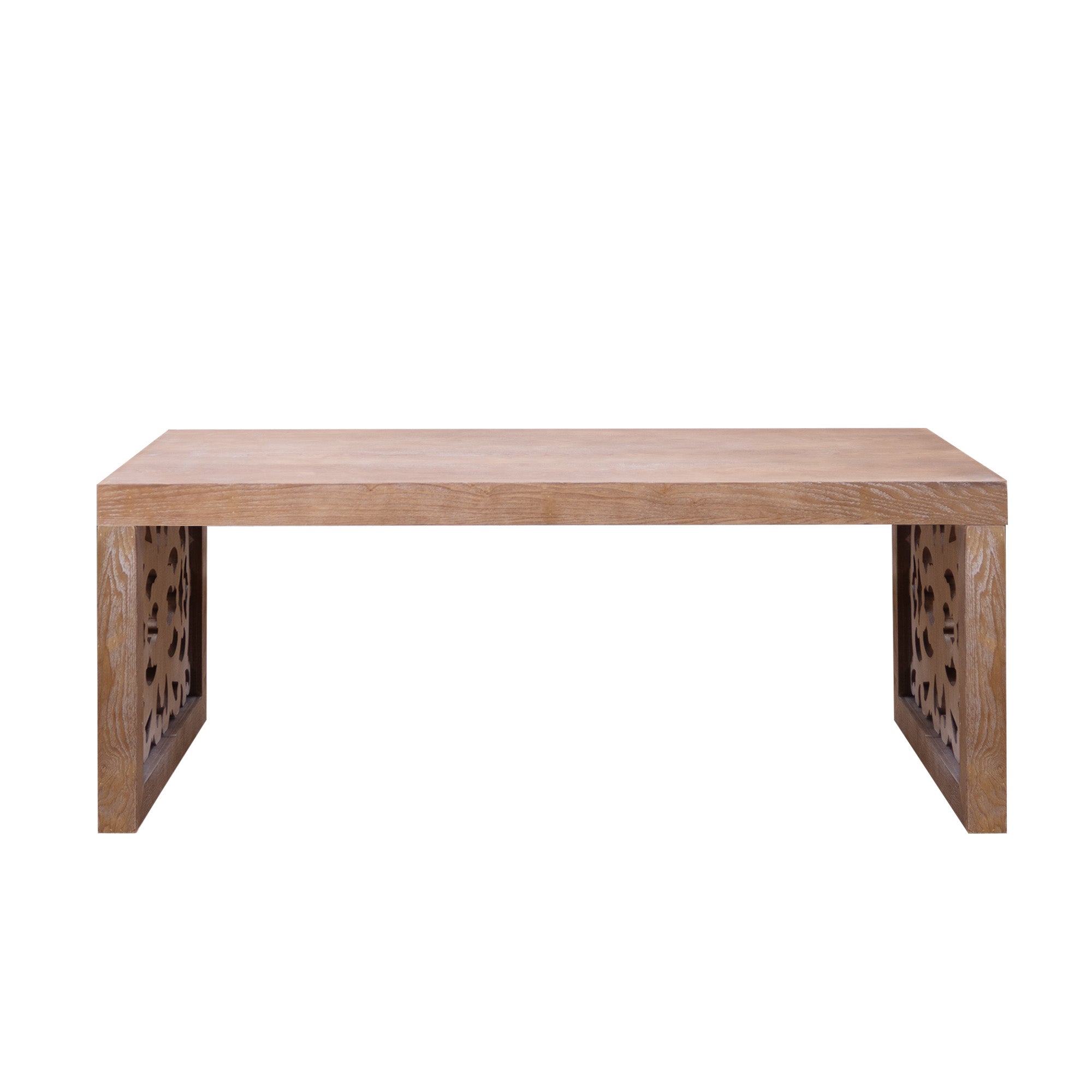 Handcrafted Rustic Wood Coffee Table with Ornate Side Panels