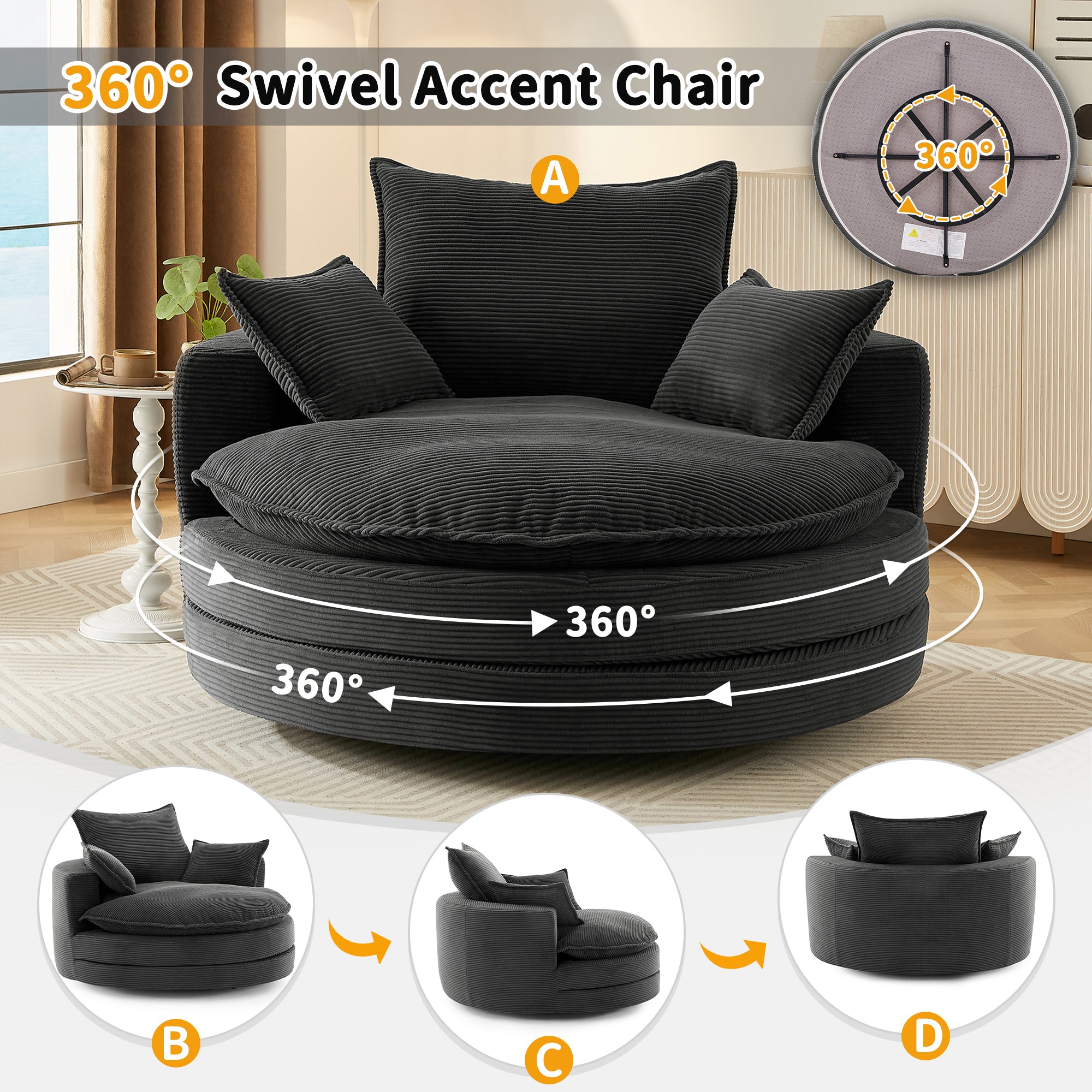 Corduroy 360° Swivel Accent Barrel Chair with 3 Removable Pillows