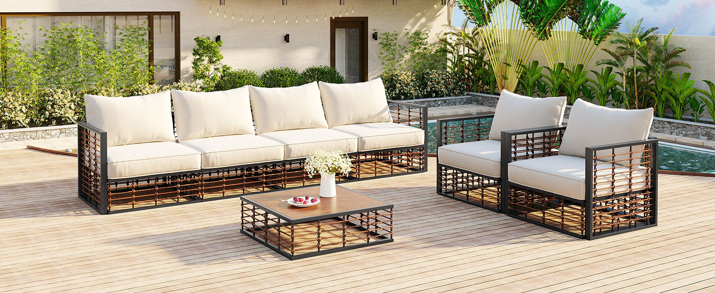TOPMAX Modern Minimalist 7-Piece Metal Patio Sectional Sofa Set, All-Weather Garden Conversational Furniture Set with Thick Cushions and Coffee Table for Indoor Outdoor, Dark Grey