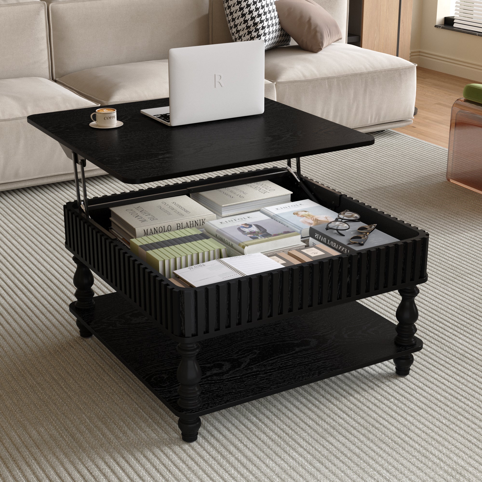 Square Fluted Lift-Top Coffee Table with Hidden & Open Storage