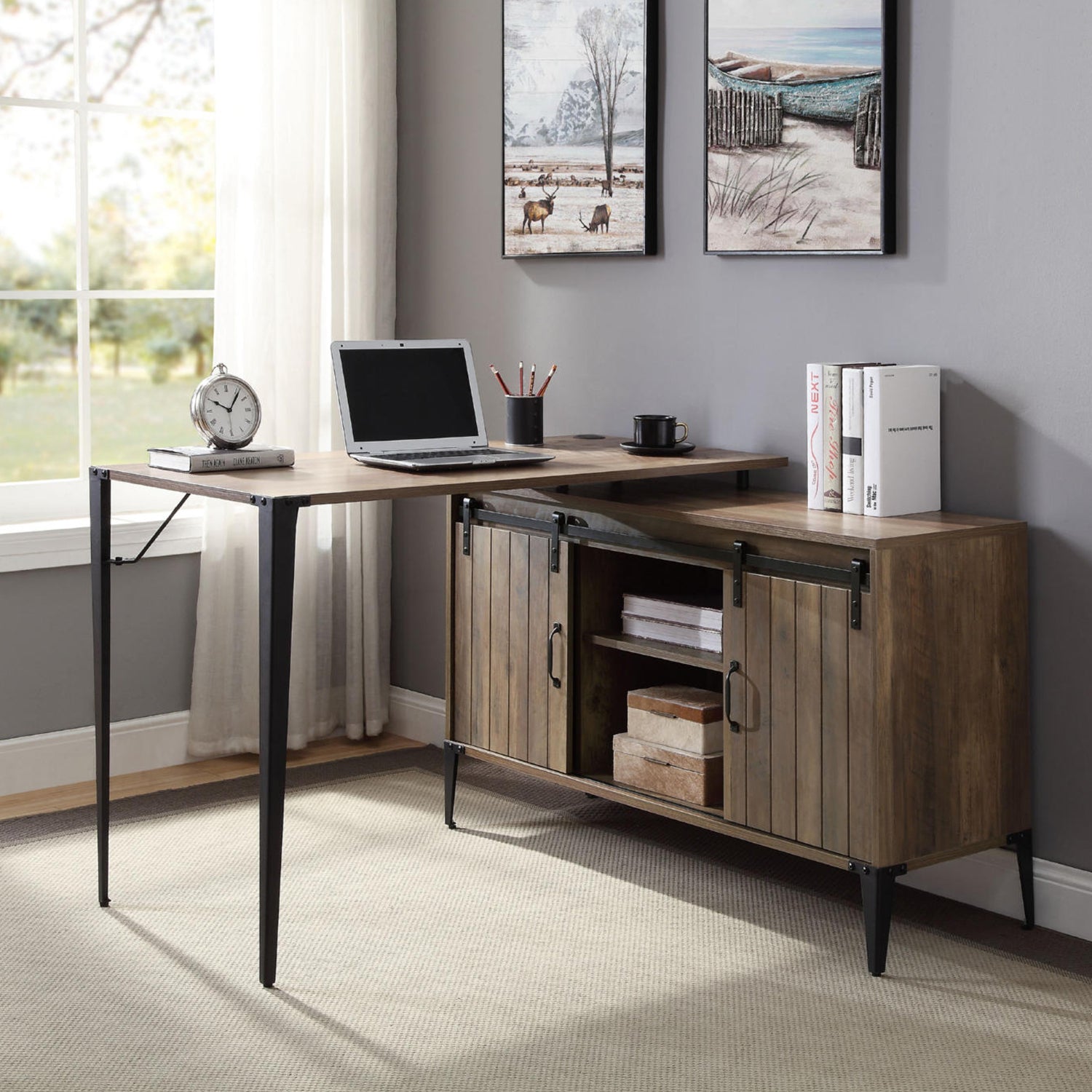 L-Shape Writing Desk with Side Cabinet
