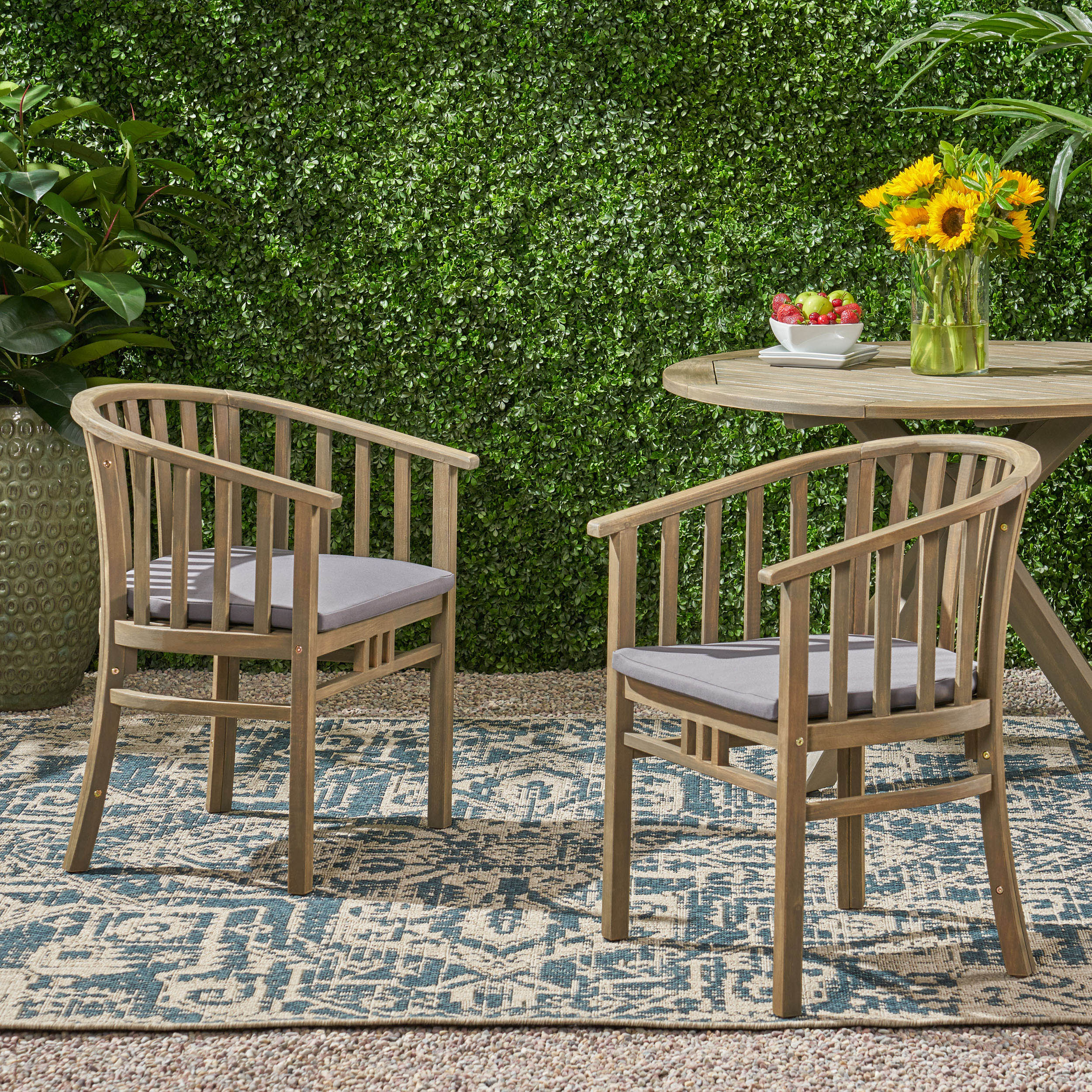 Venerable Outdoor Dining Chair with Slatted Back and Cushion Seat, Set of 2