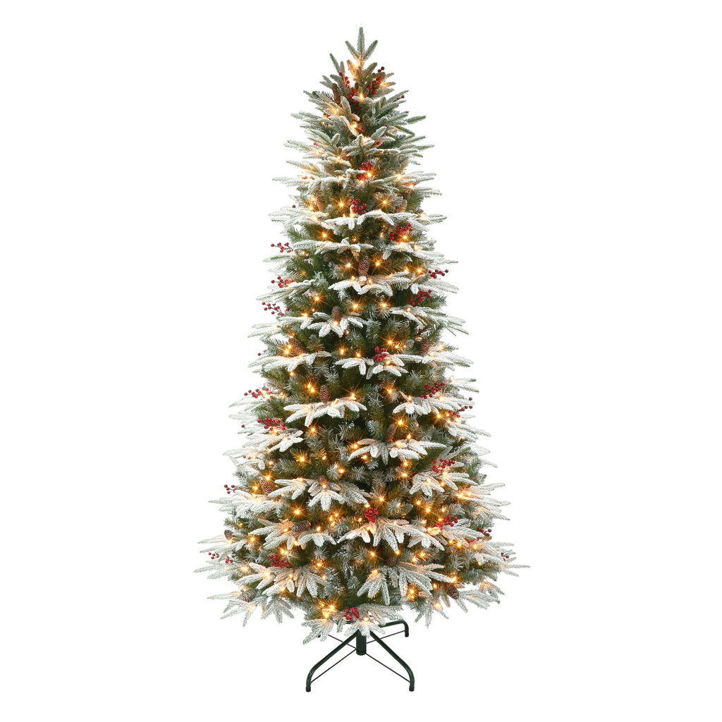 6.5 ft Pre-lit Slim Flocked Halifax Fir Artificial Christmas Tree Clear Lights, Pinecones & Red Berries and Metal Stand