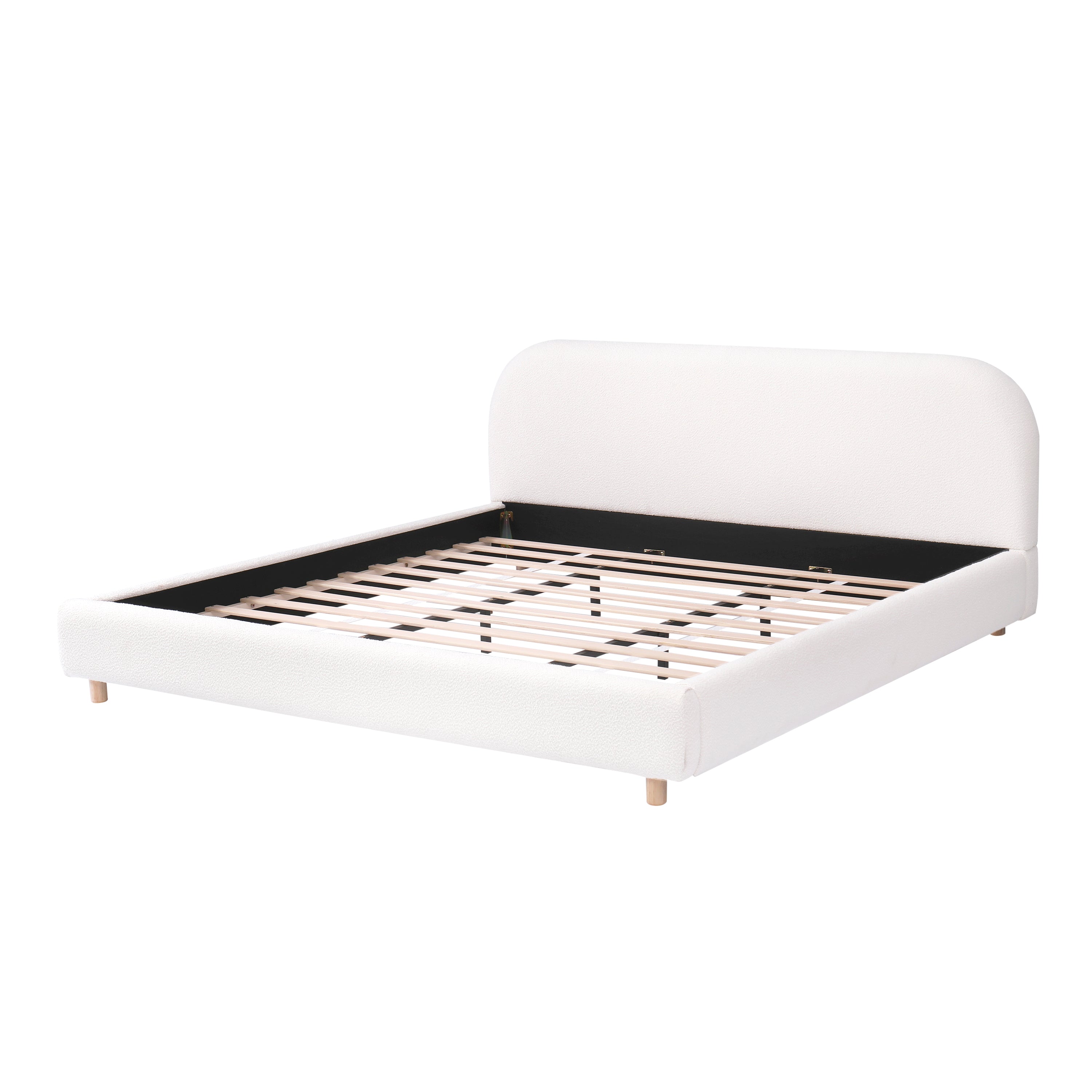 Boucle Fabric Upholstered Platform Bed with Curve-Shaped Design Headboard