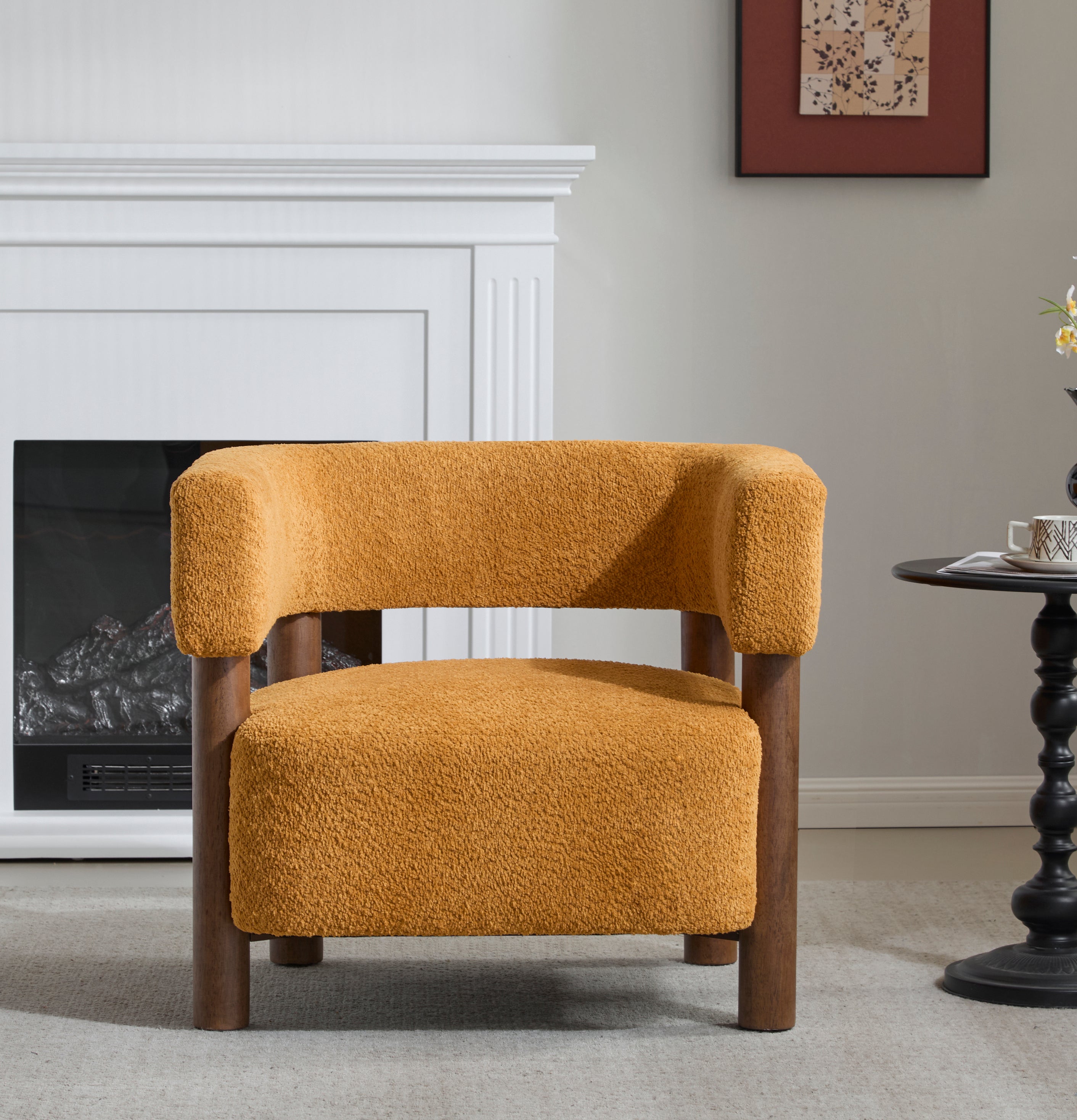 Boucle Upholstered Accent Arm Chair with Modern Wooden Frame