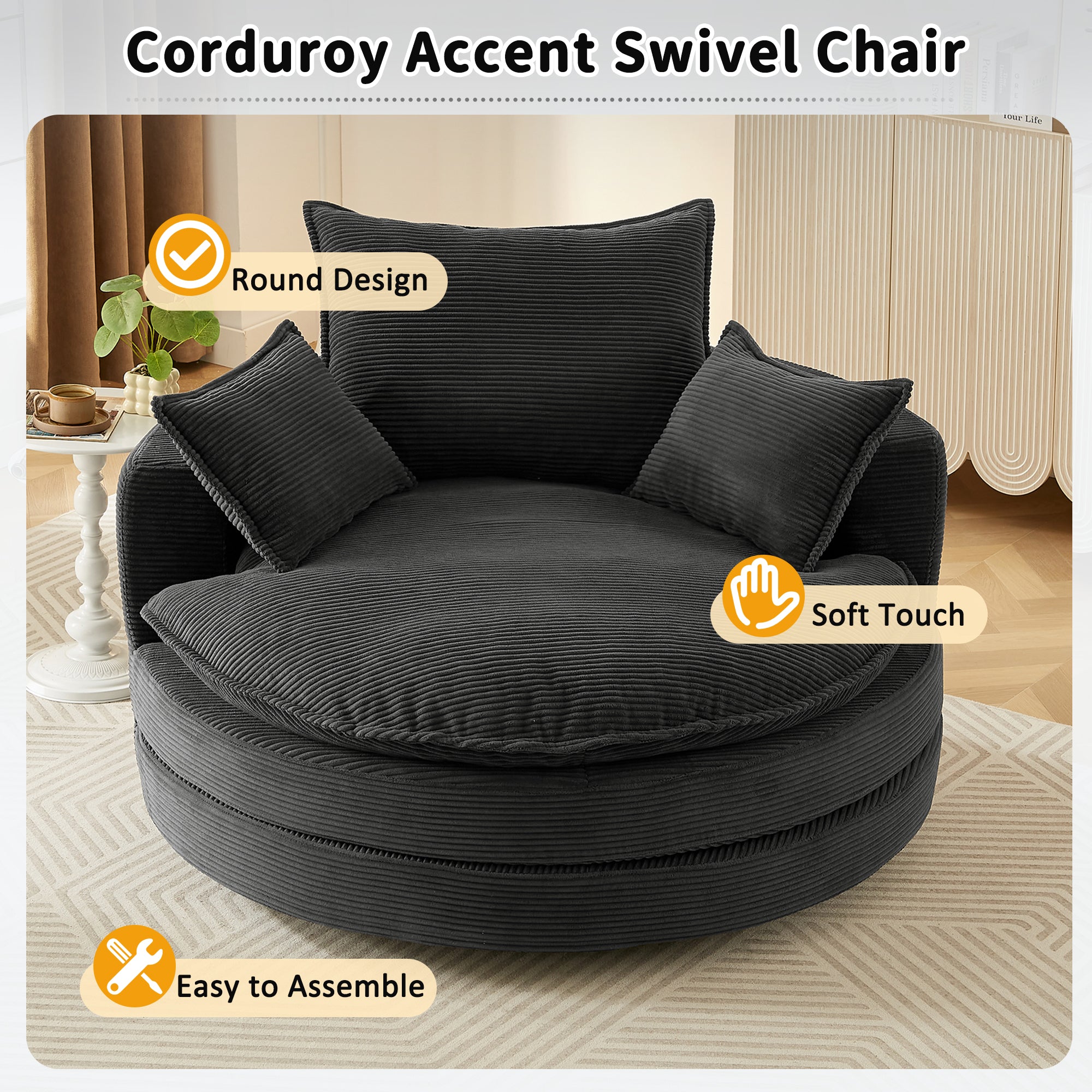 Corduroy 360° Swivel Accent Barrel Chair with 3 Removable Pillows