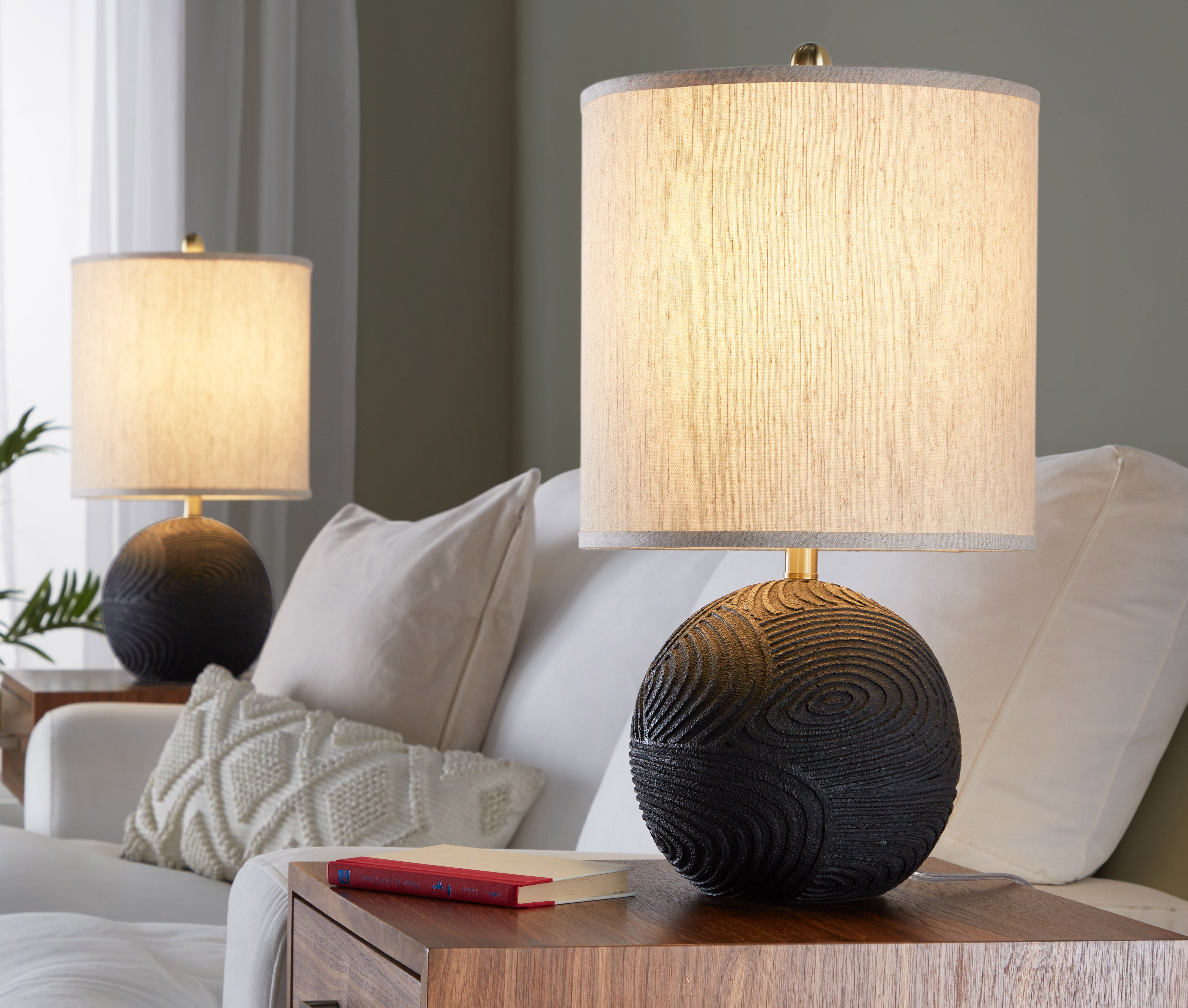 Table Lamp with Spherical Textured Base and Neutral Drum Shade, Set of 2