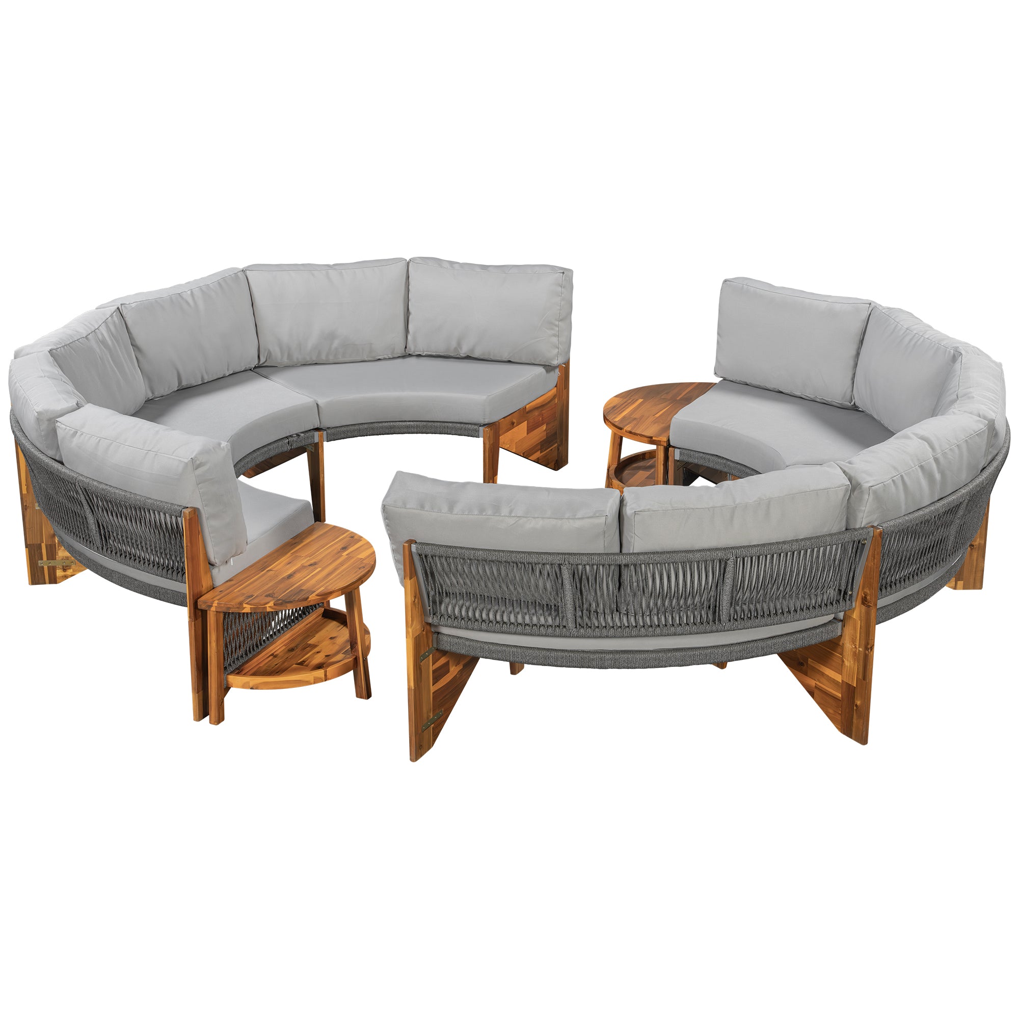 U_Style 3-Piece Outdoor Sofa Set for 6, 2 Semi-Circle Sofas + Acacia Wood Coffee Table, Weather-Resistant Patio Couch Set, Comfortable Garden & Backyard Furniture(old sku:WY000428AAA)