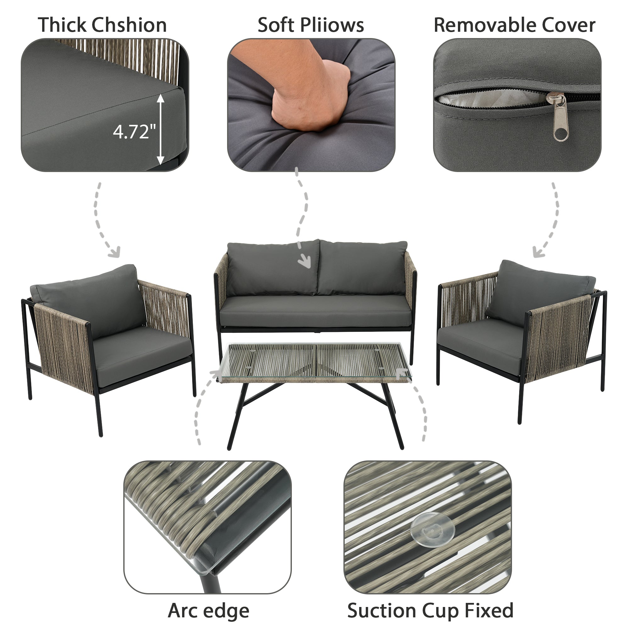 4-Piece Outdoor Sofa Set with Thick Cushions and Toughened Glass Table