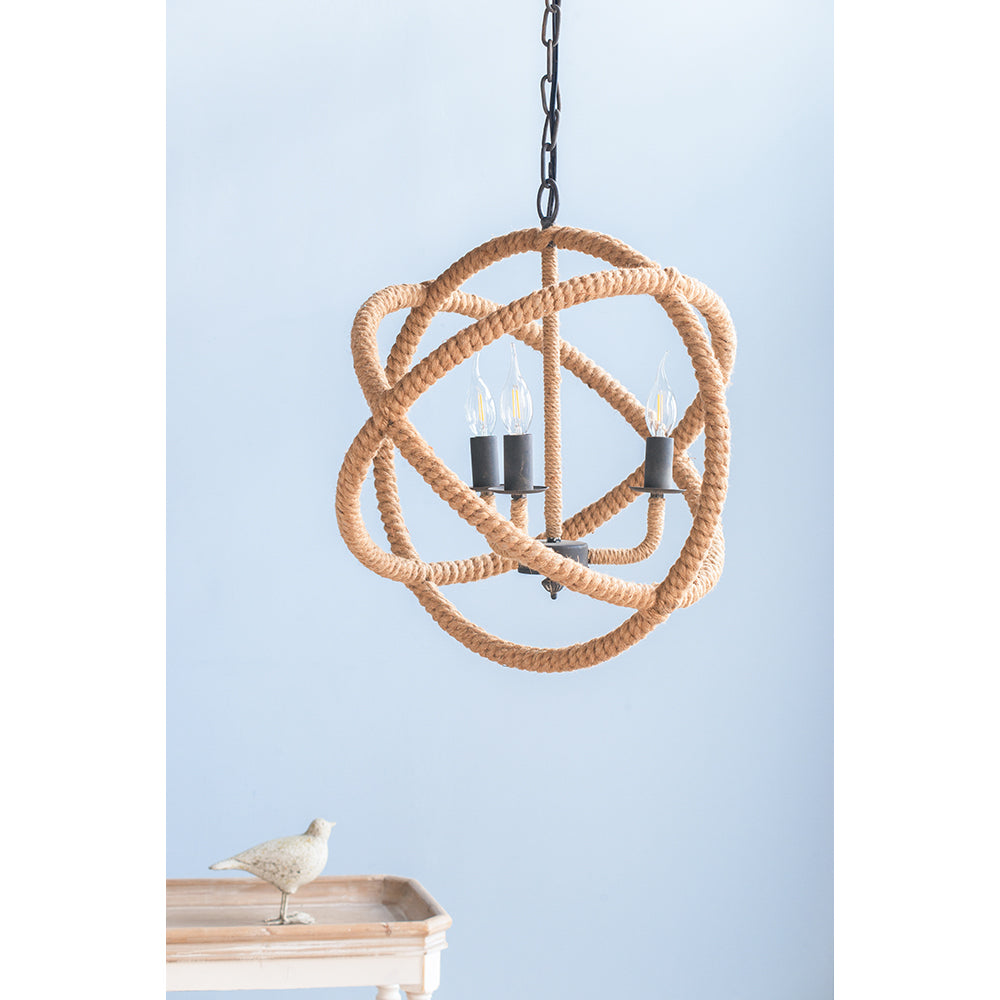 3- Light Farmhouse Rope Globe Chandelier with with Adjustable Chain
