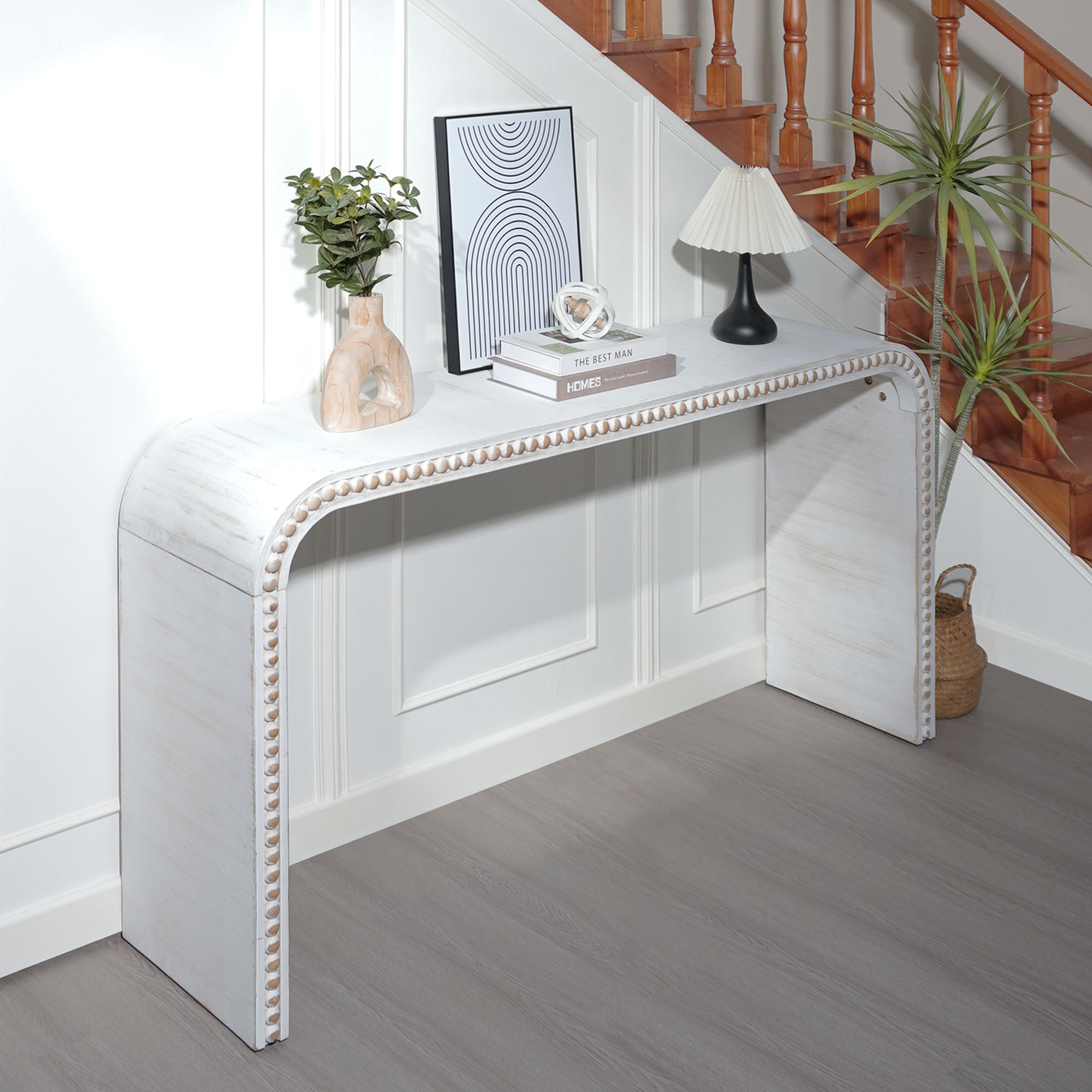Curved Waterfall-Style Wood Beaded Console Table