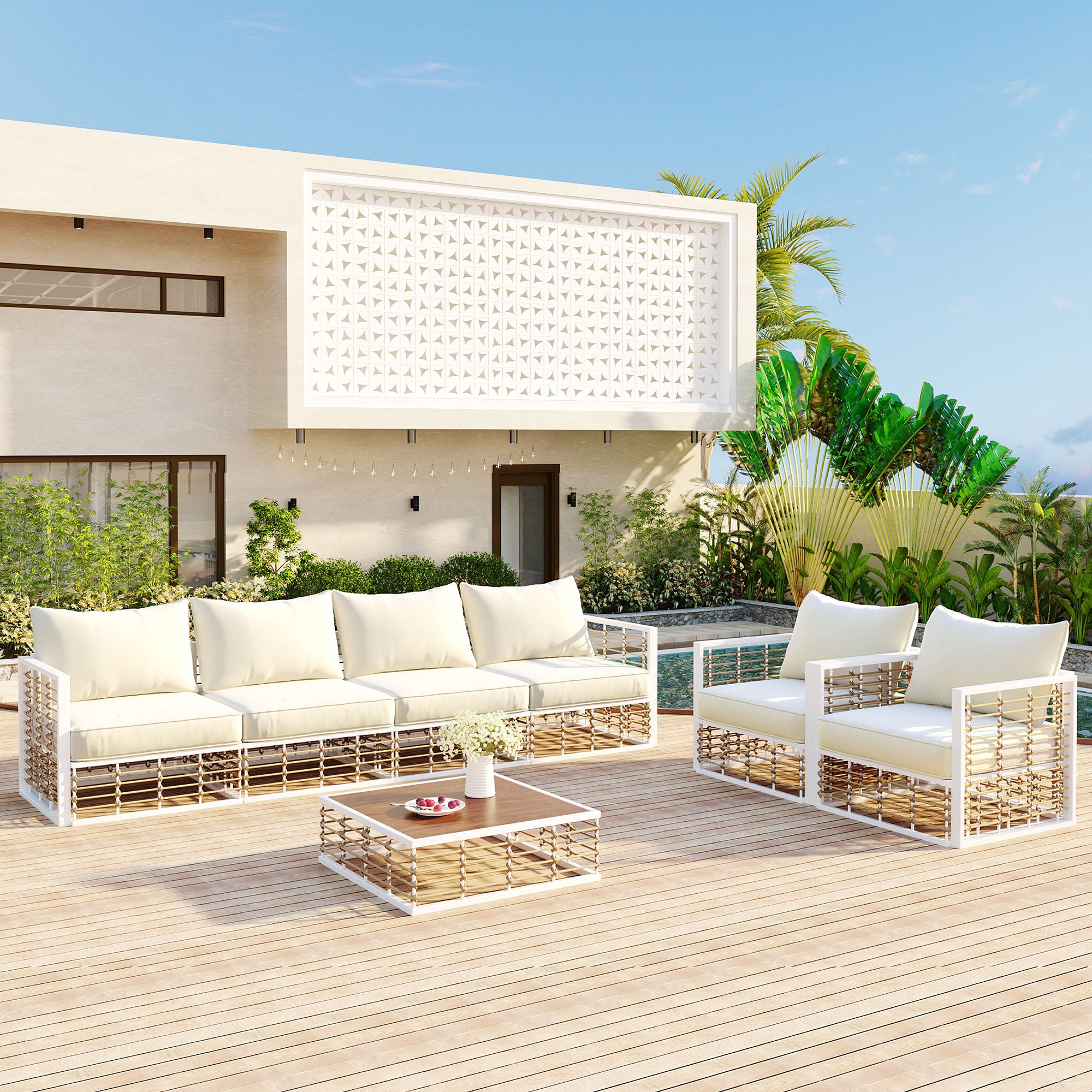 Modern Minimalist 7-Piece Metal All-Weather Conversational Furniture Set with Thick Cushions and Coffee Table