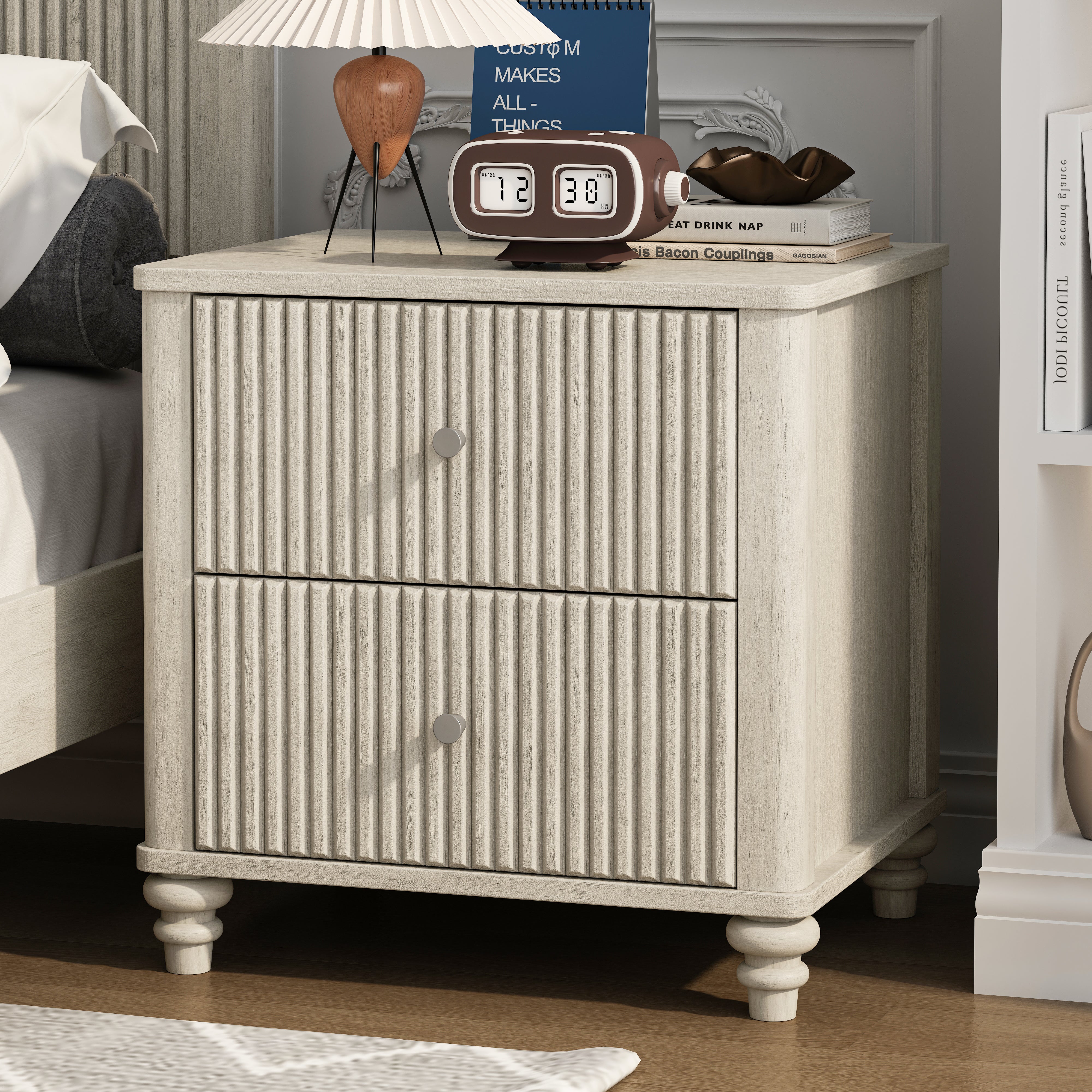 Fluted Nightstand with 3 Drawers