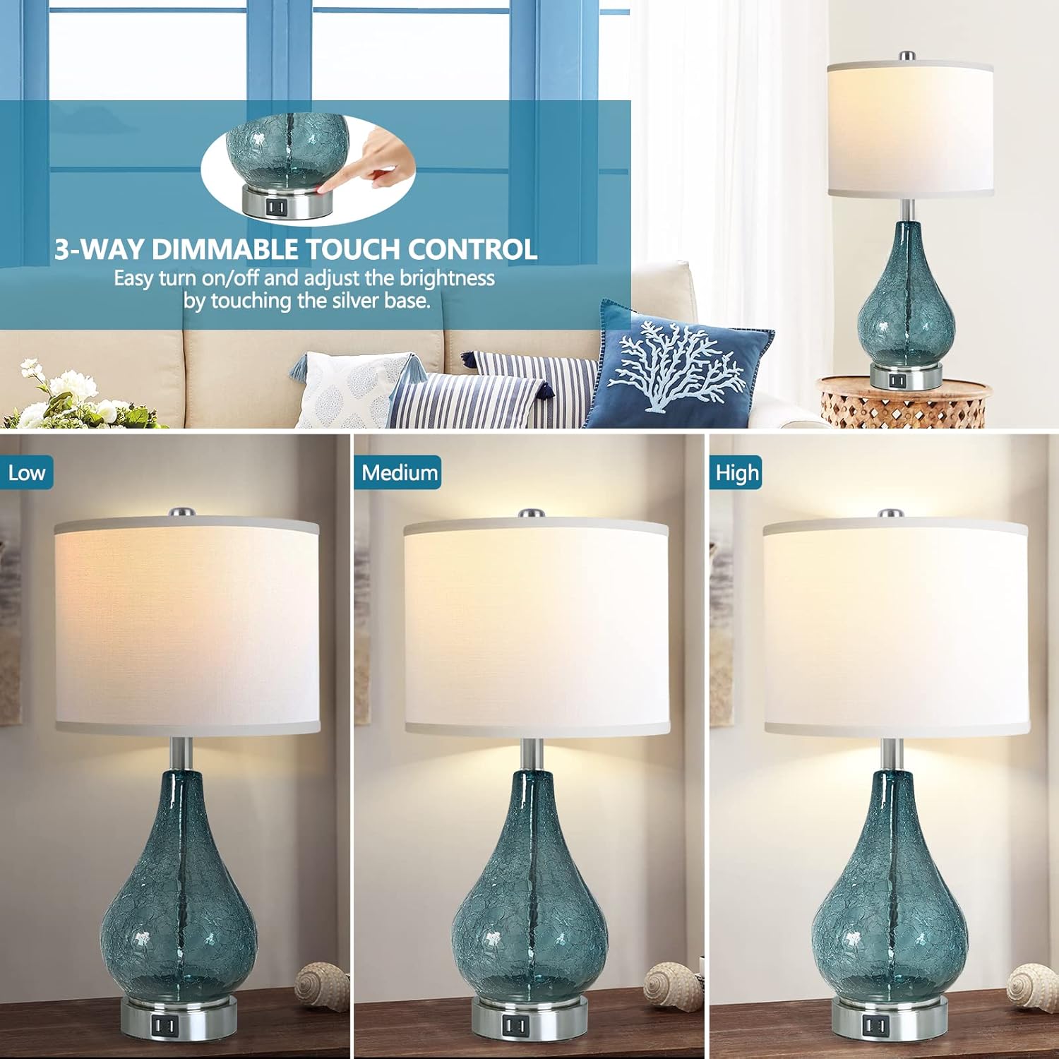 Glass Table Lamp with LED Light and Touch Control, Set of 2