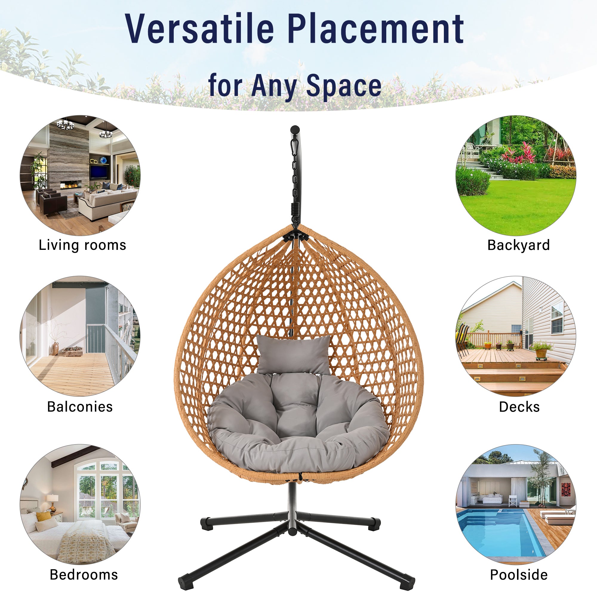 Hanging Swinging Egg Chair with Rattan Weaving, Base Included