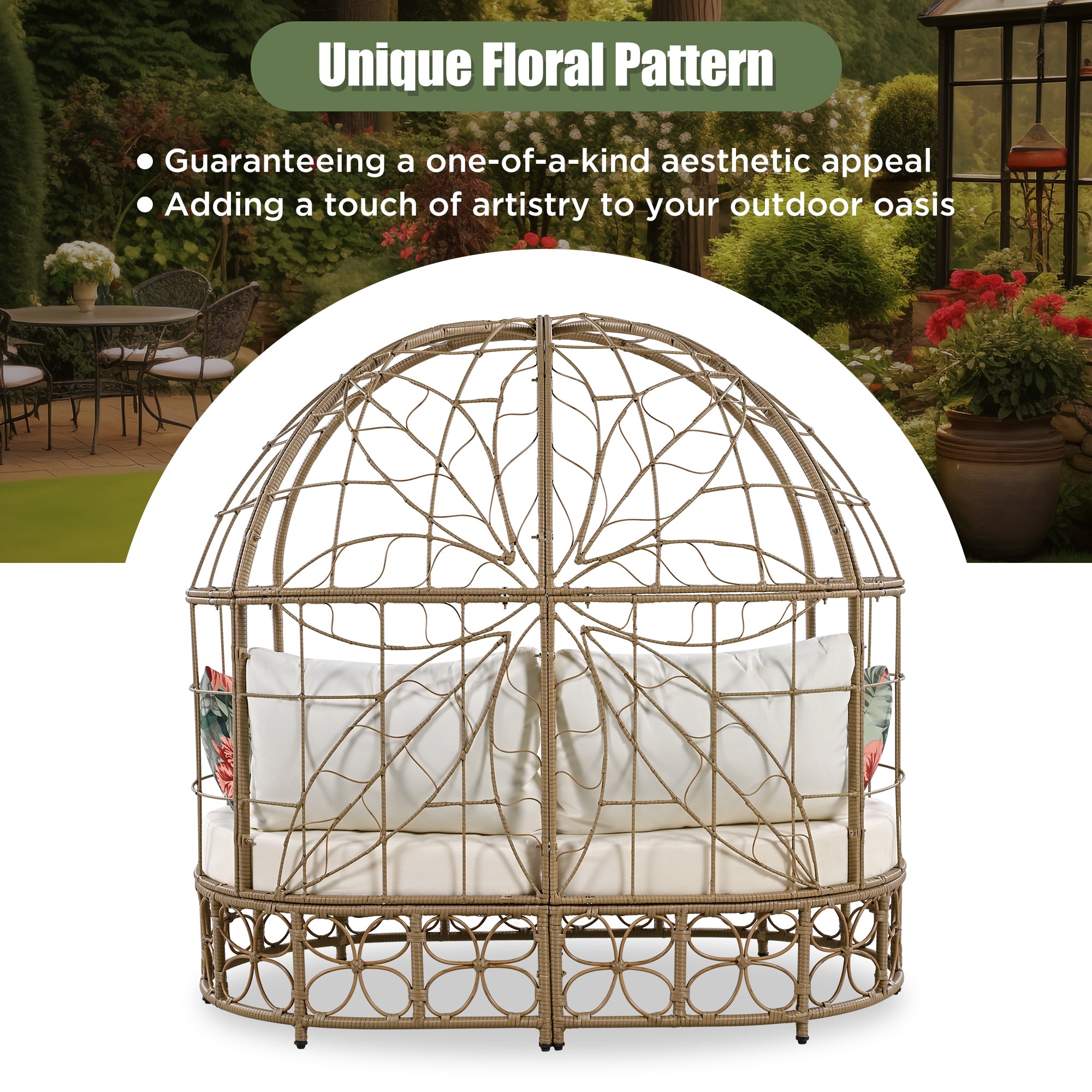 Outdoor Daybed with Curtain and Floral Pattern