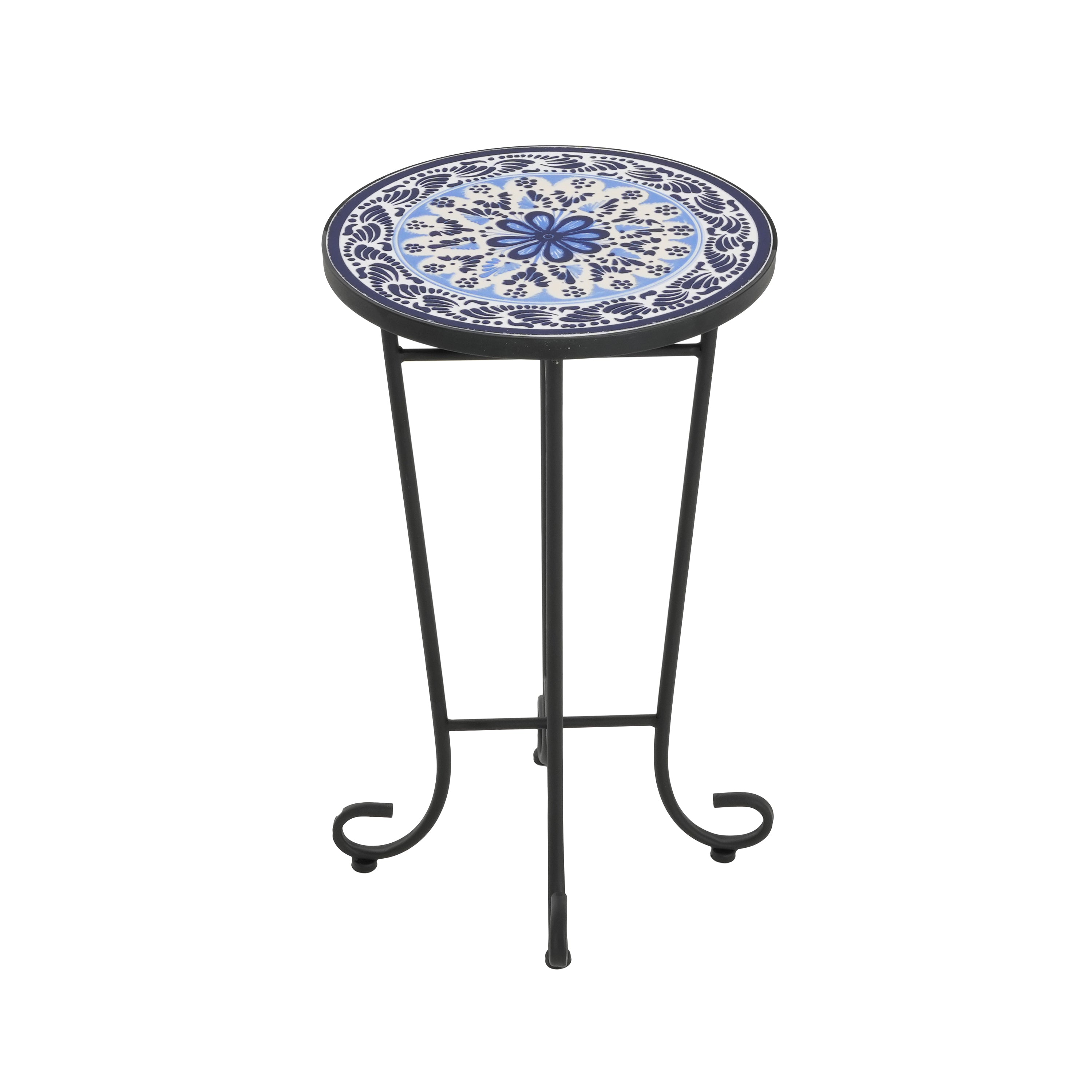Warmthly Outdoor Round Side Table with Vibrant Tile Top and Elegant Scrolling Legs