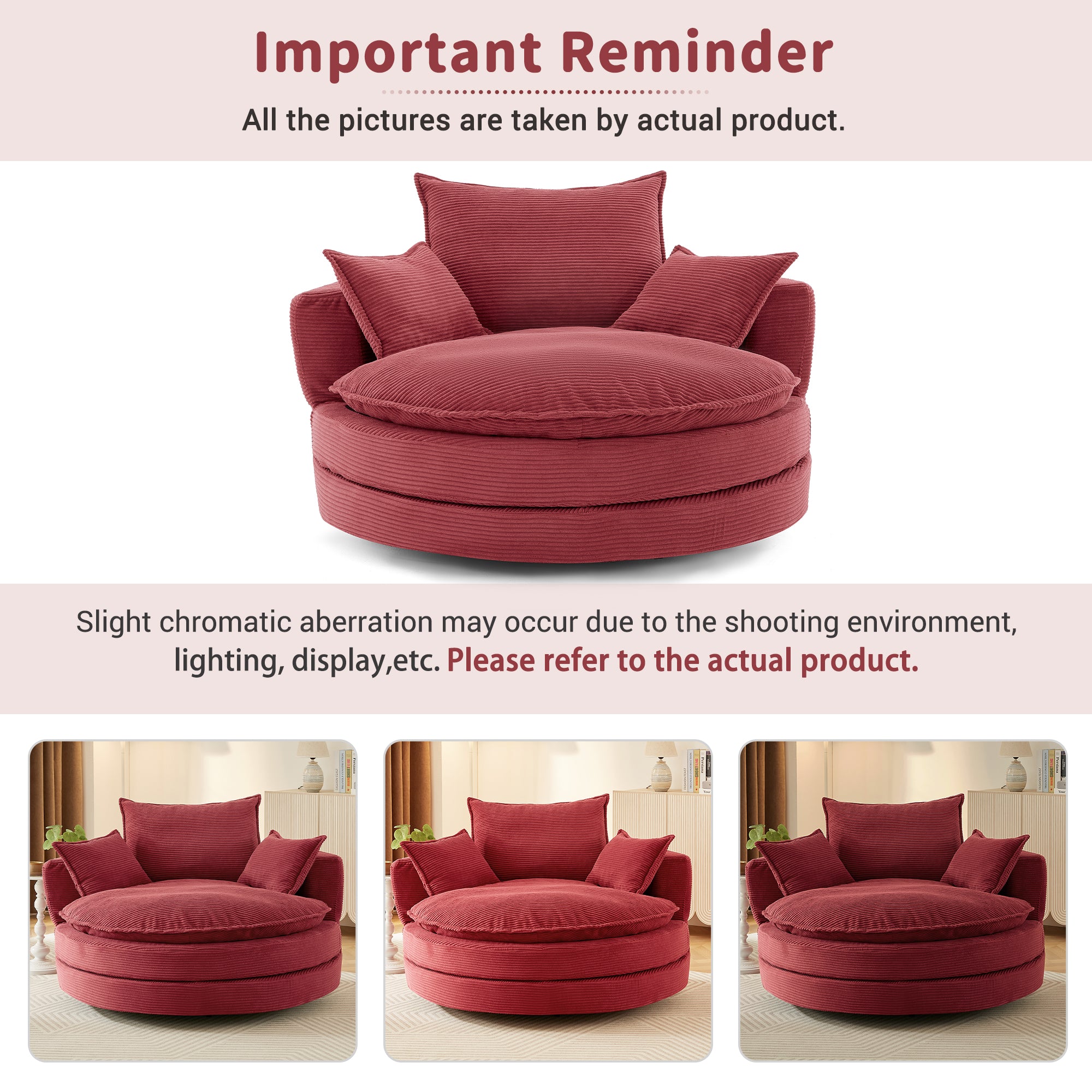Corduroy 360° Swivel Accent Barrel Chair with 3 Removable Pillows