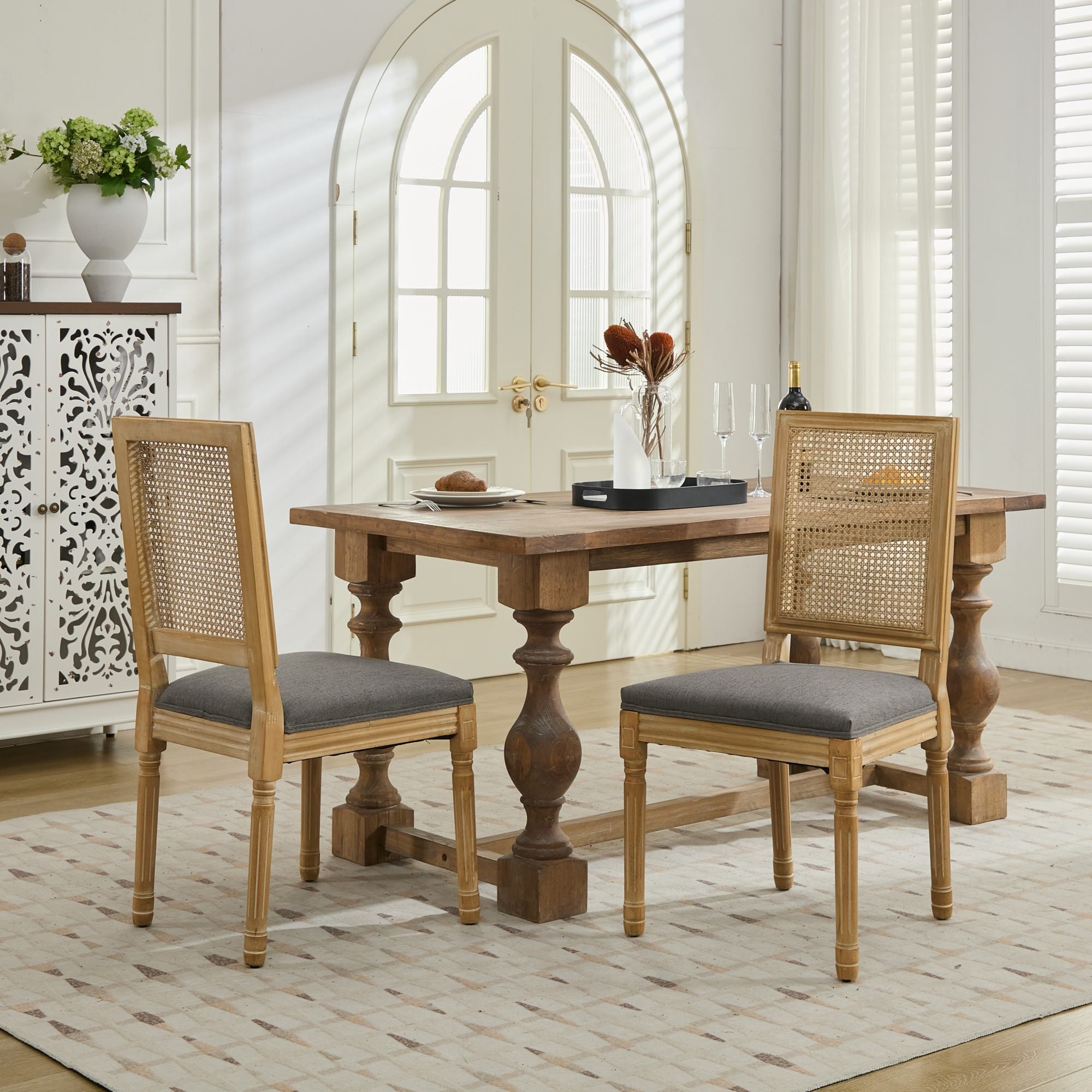 Louis French Country Dining Chairs with Square Rattan Backrest, Set of 2