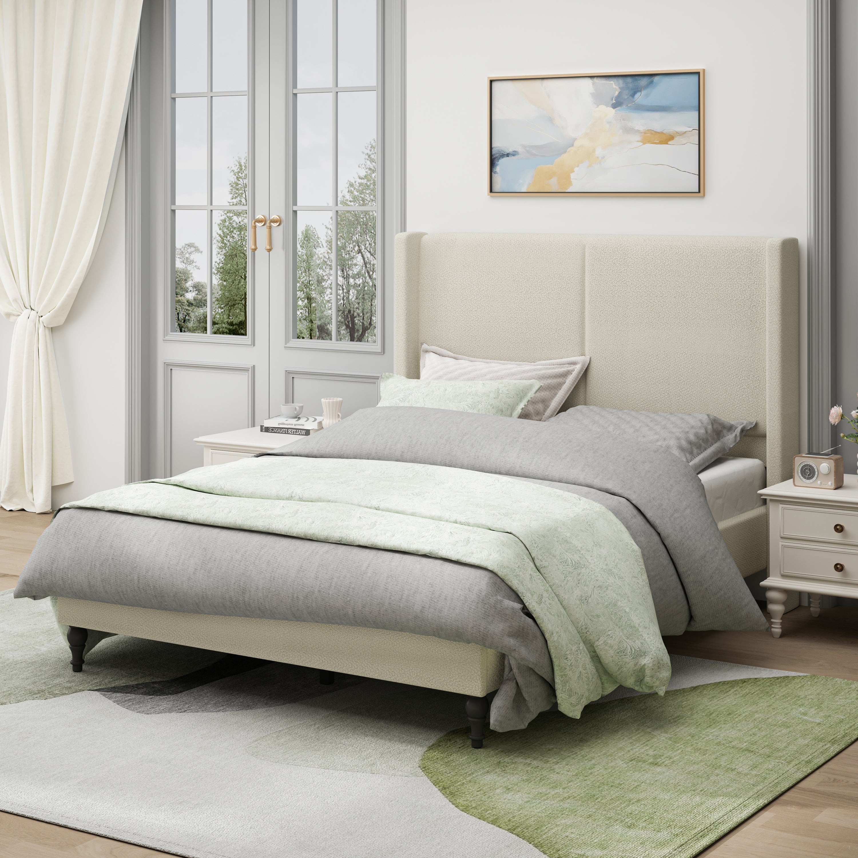 Bed Frame with 55.5"High Back Boucle Upholstered Headboard