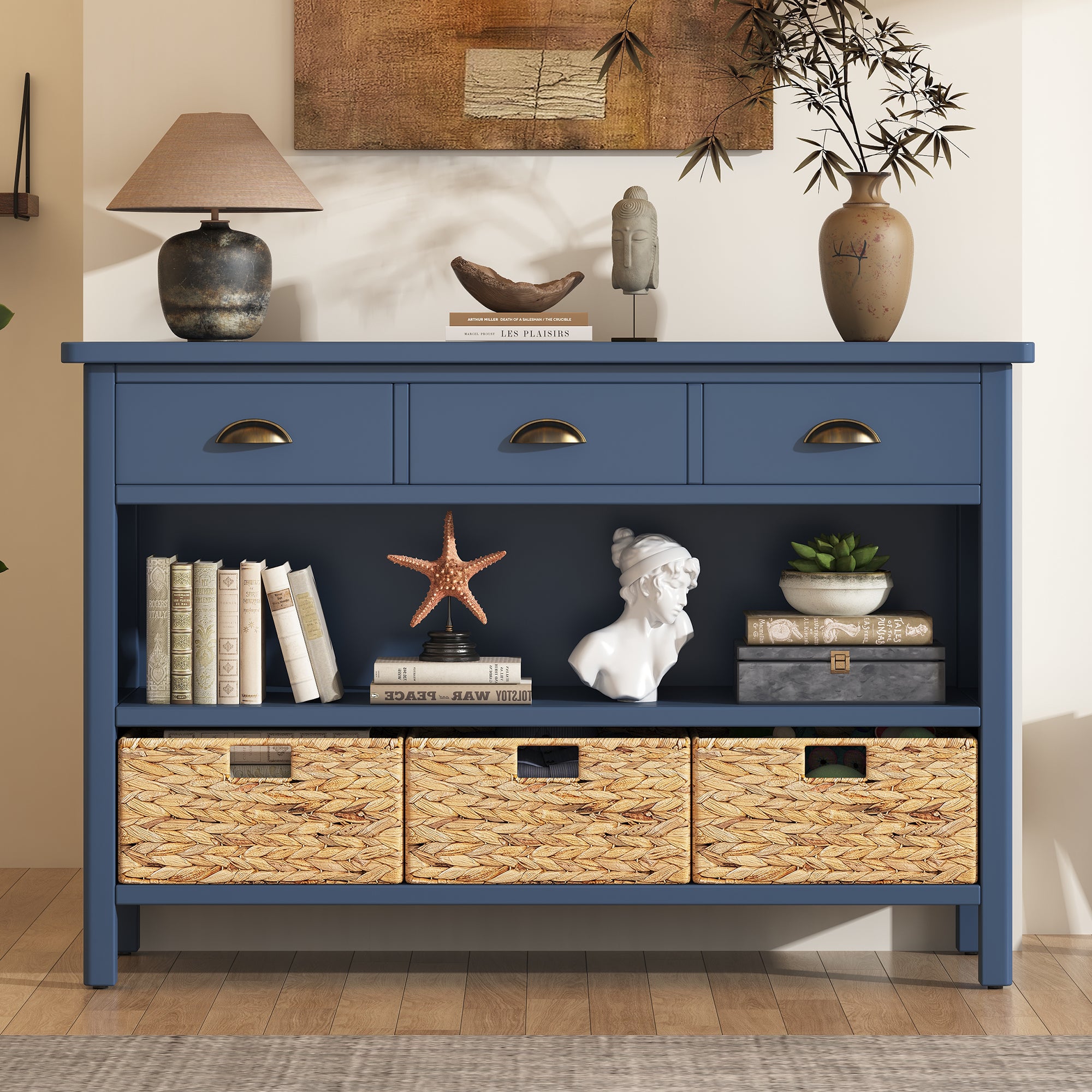 Console Table with Drawers and Water Hyacinth Woven Baskets
