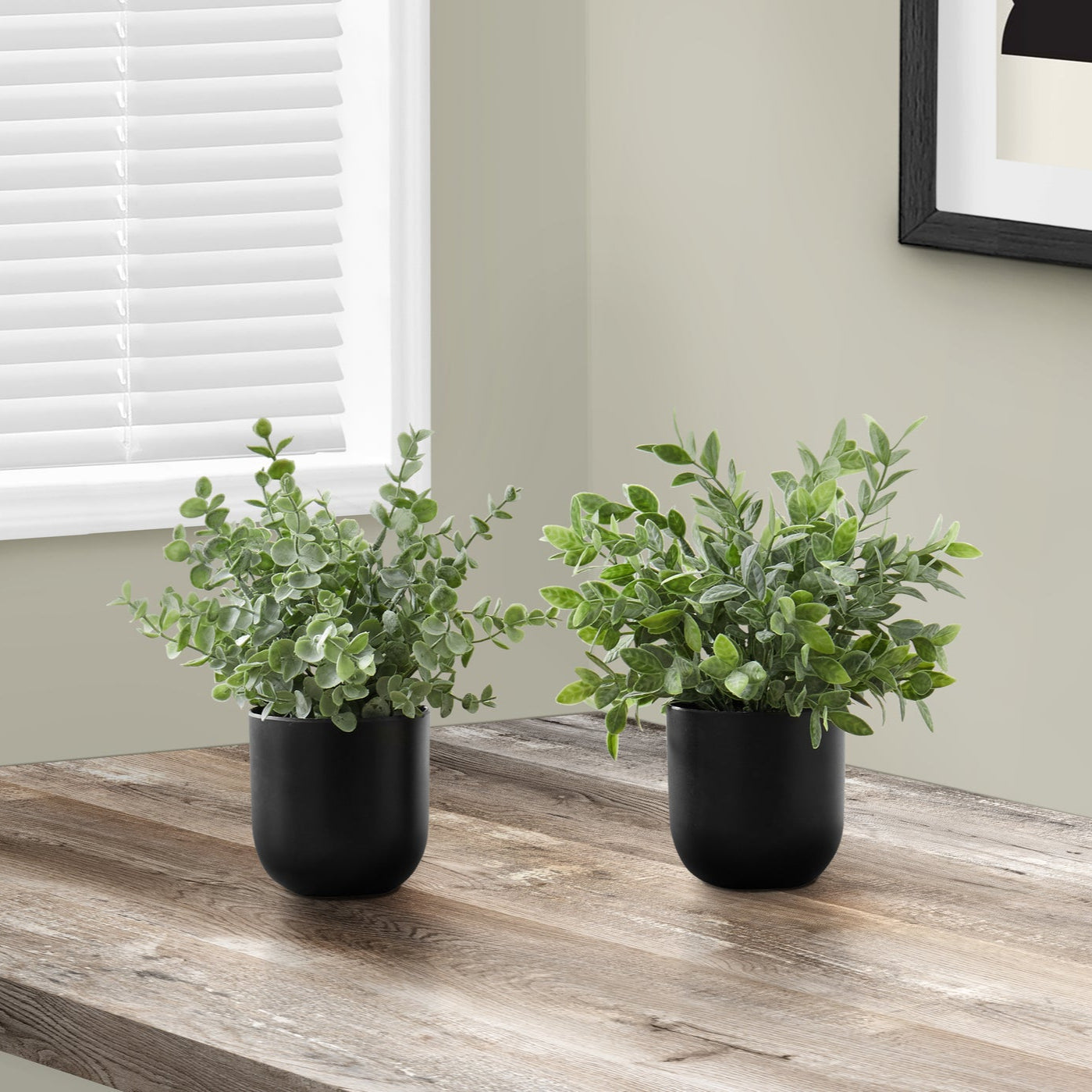 11'' Tall Artificial Eucalyptus Grass Plant with Black Pots, Set of 2