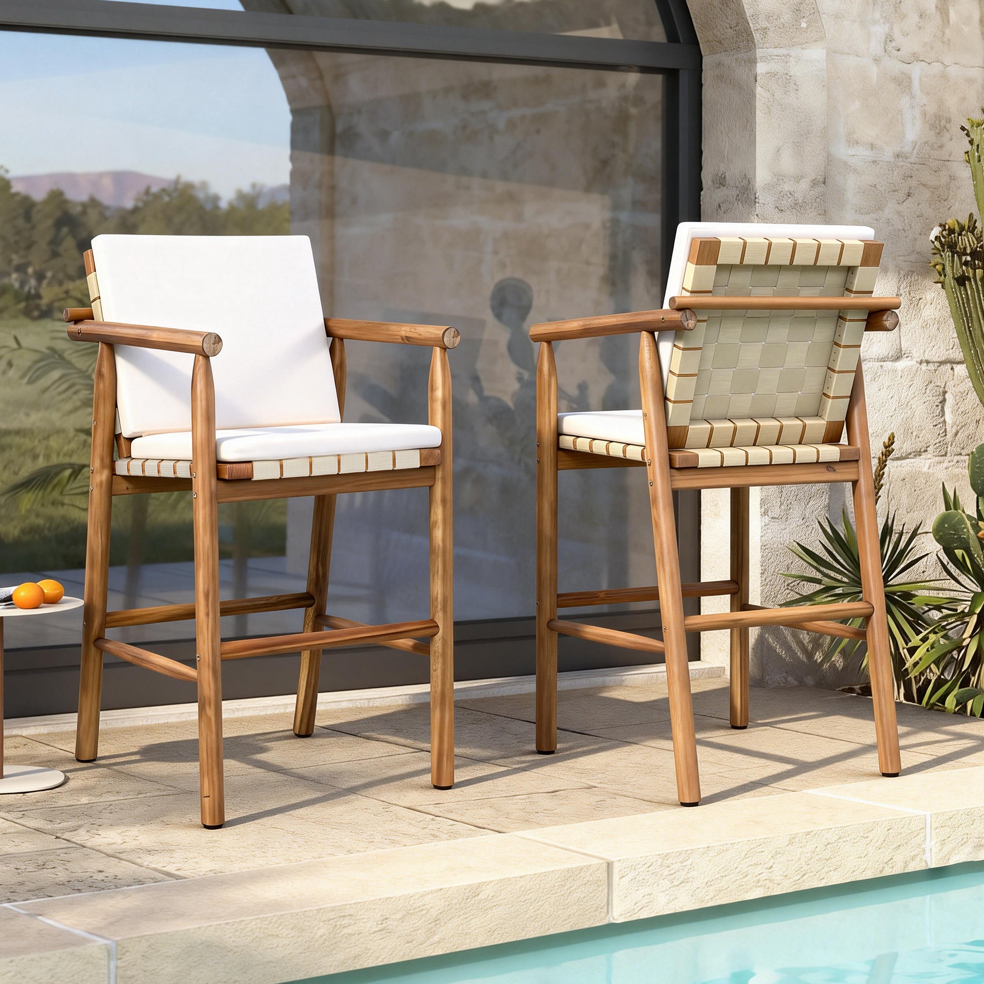 Modern Outdoor Patio Acacia Wooden Counter Height Bar Stools with Backrest Arm and Webbing Seat with Cushions, Set of 2