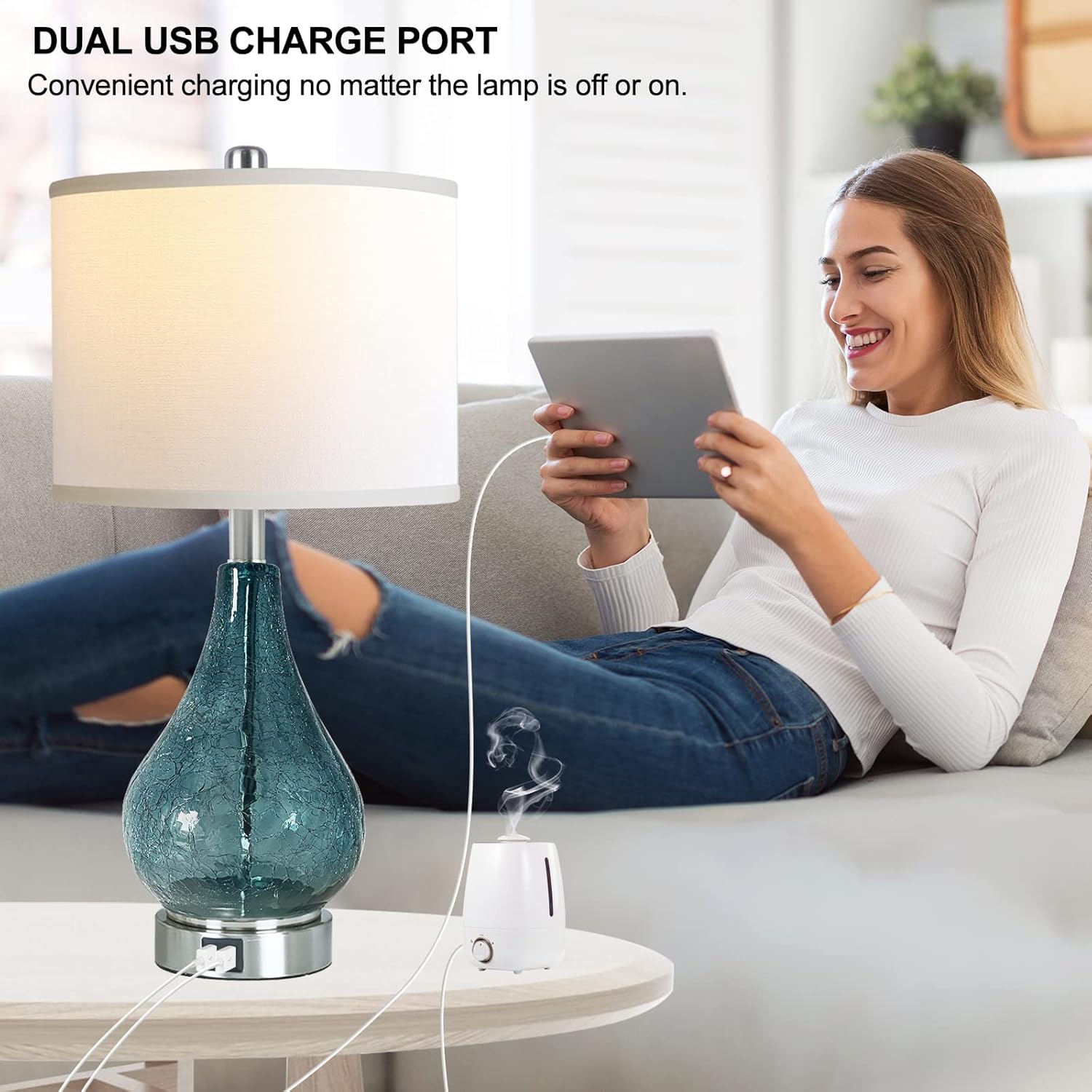 Glass Table Lamp with LED Light and Touch Control, Set of 2